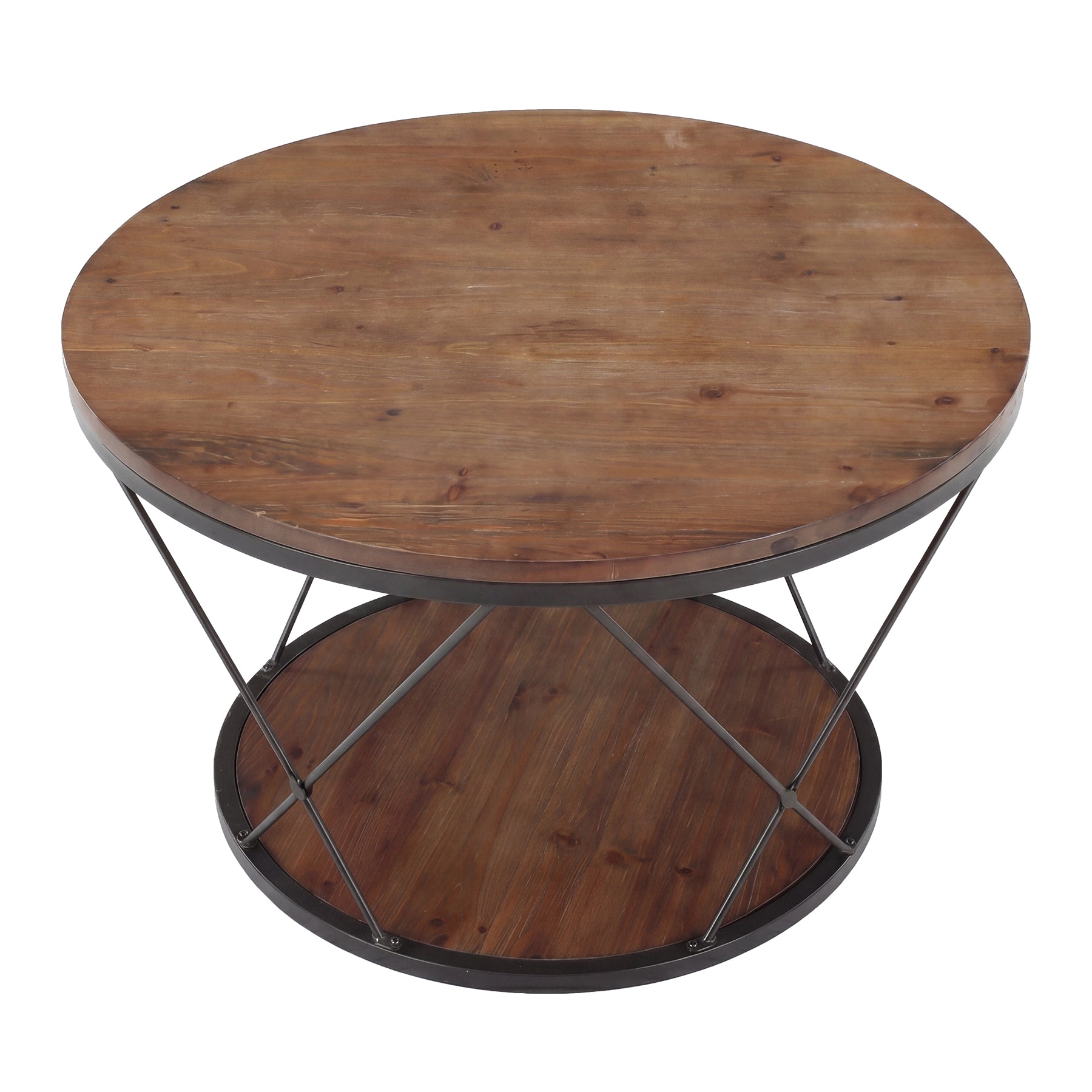 31.5" Round Coffee Table with Storage Shelf, Industrial Solid Wood Coffee Table