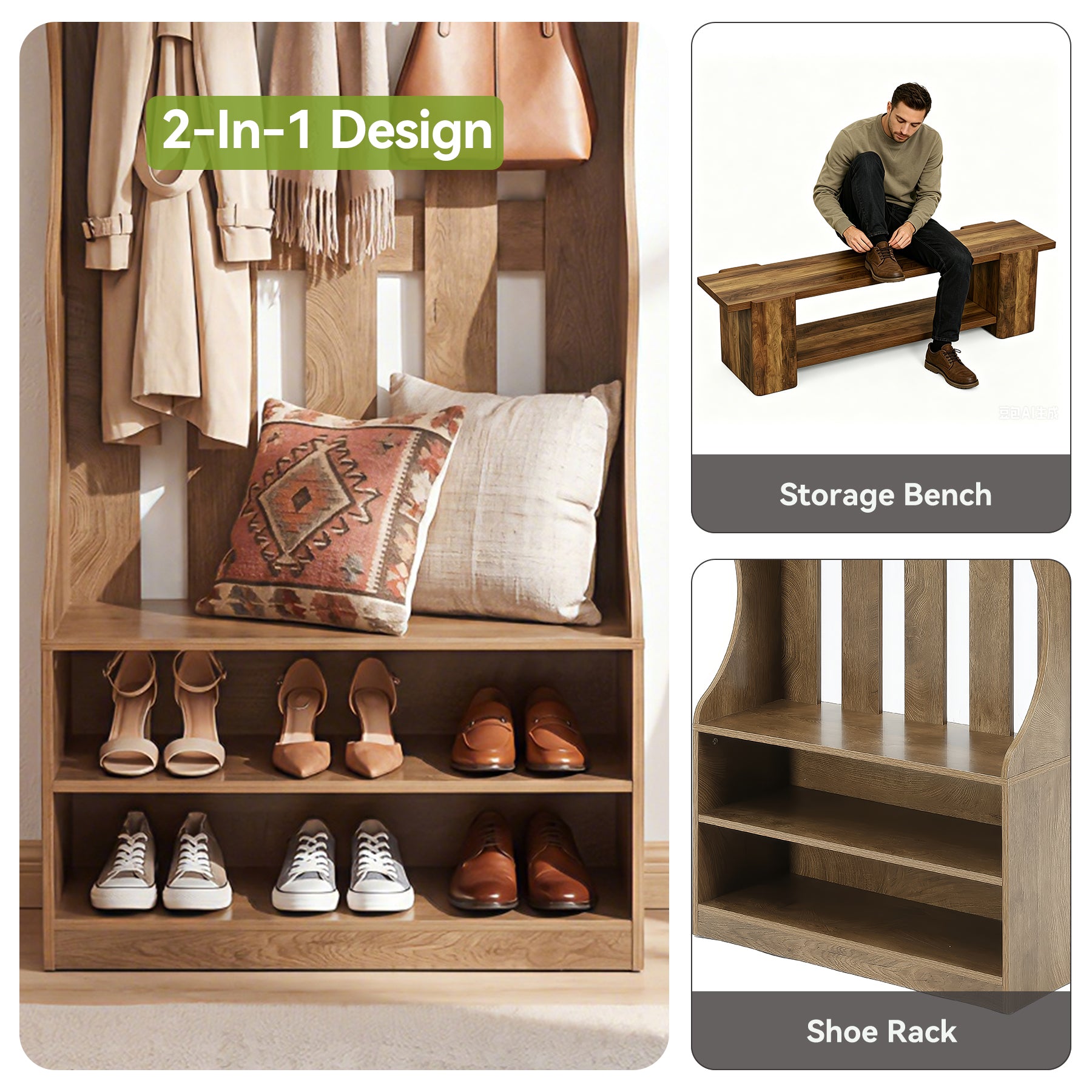3-in-1 Hall Tree with Shoe Bench & Storage, 70.9" Farmhouse Entryway Organization with 7 Hooks