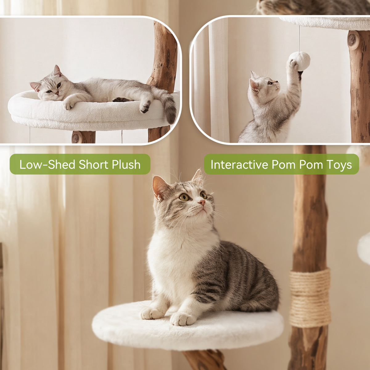 59" Cat Tree, Solid Wood Cat Tower with Scratching Post, Perches & Toy Balls