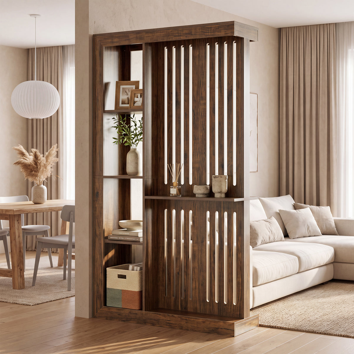 70.87" Wall Room Divider, Farmhouse Wall Partition with Storage Shelves for Living Room