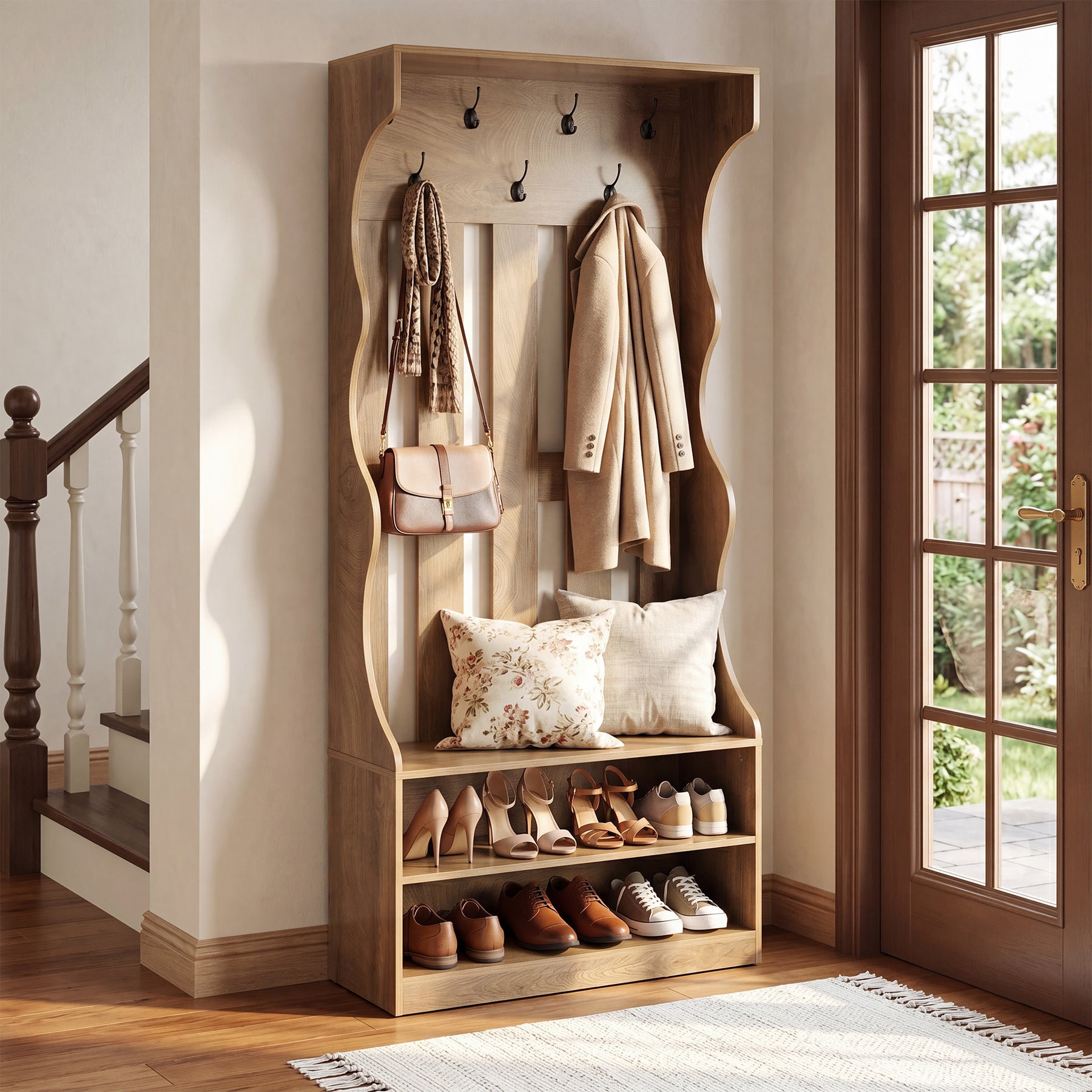 3-in-1 Hall Tree with Shoe Bench & Storage, 70.9" Farmhouse Entryway Organization with 7 Hooks