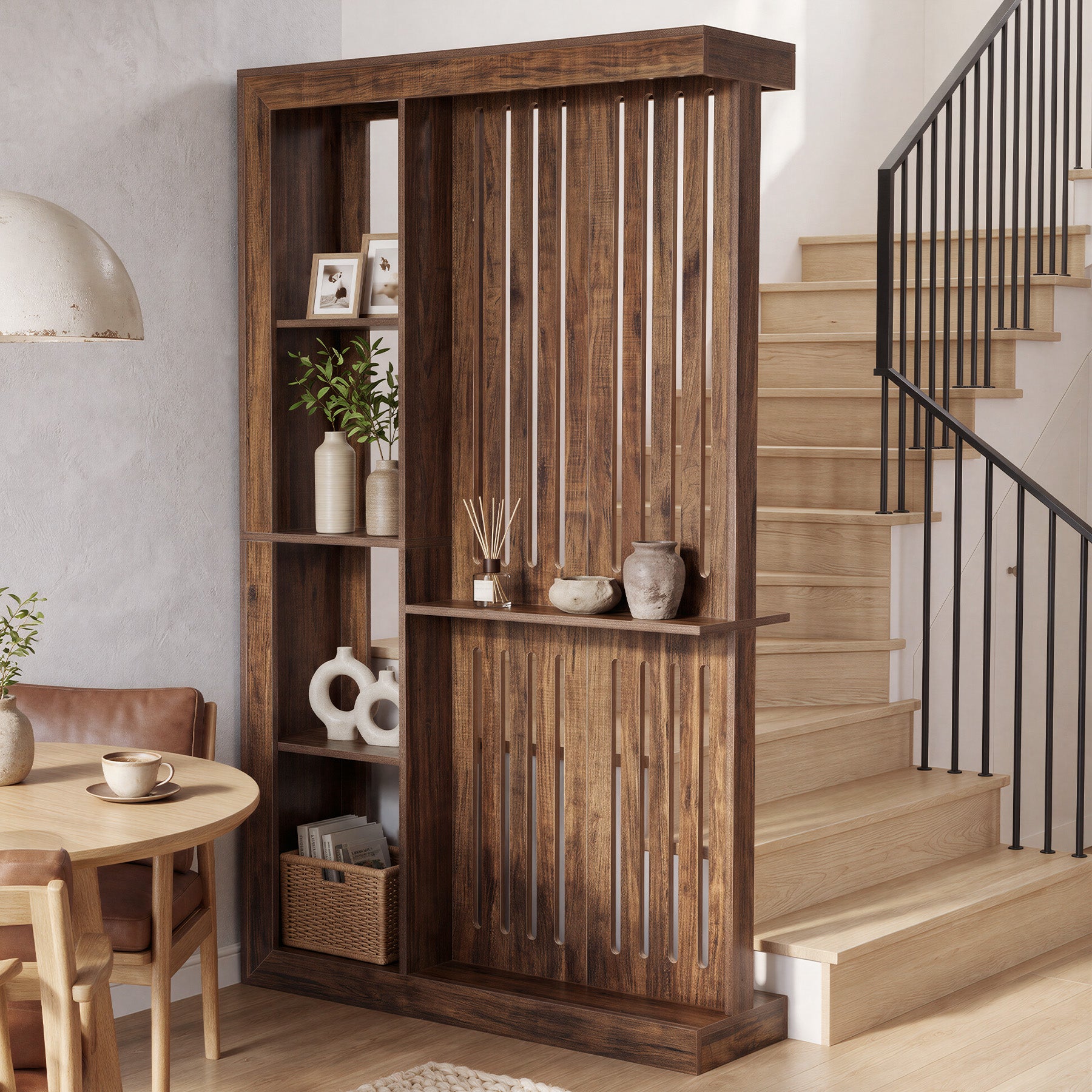70.87" Wall Room Divider, Farmhouse Wall Partition with Storage Shelves for Living Room