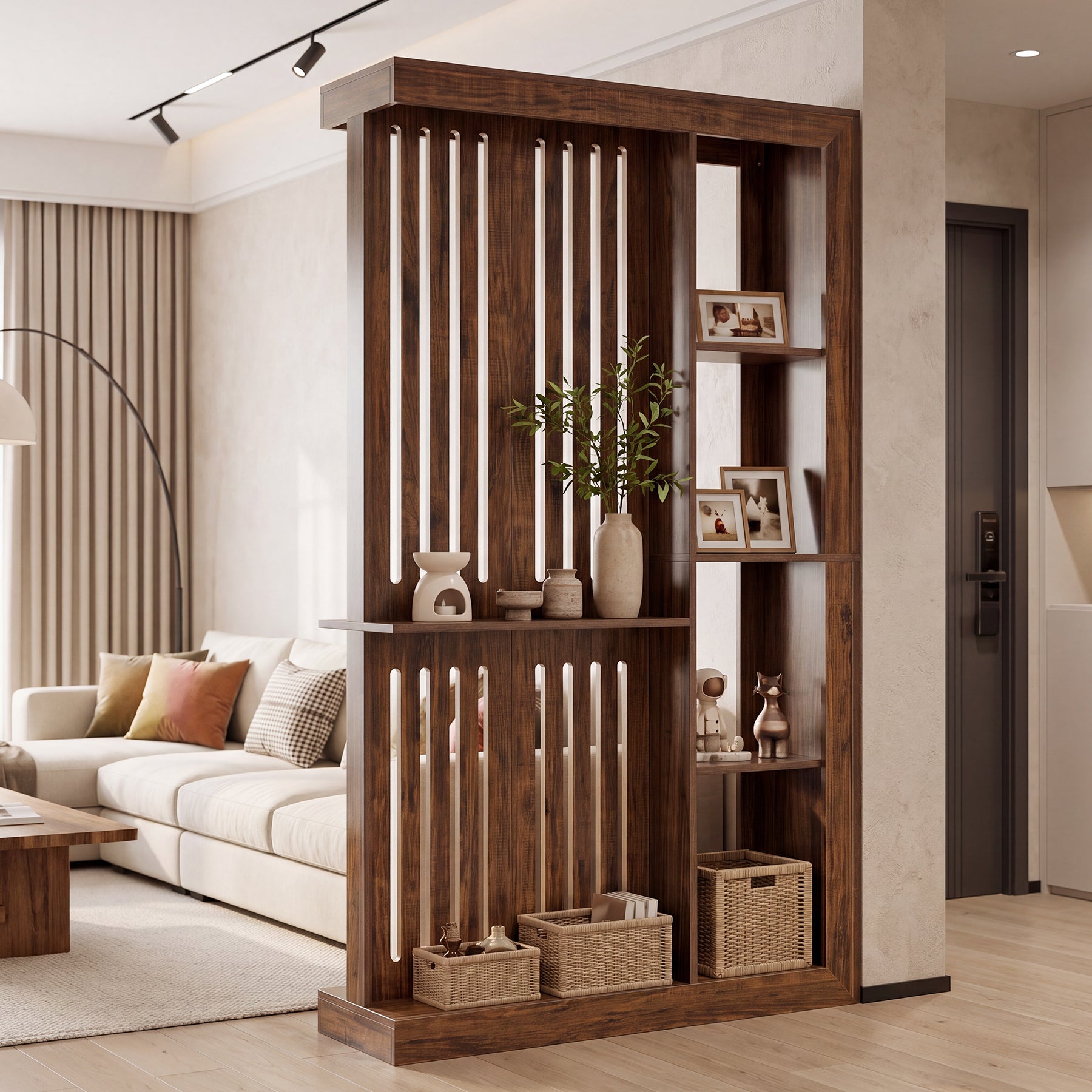 70.87" Wall Room Divider, Farmhouse Wall Partition with Storage Shelves for Living Room