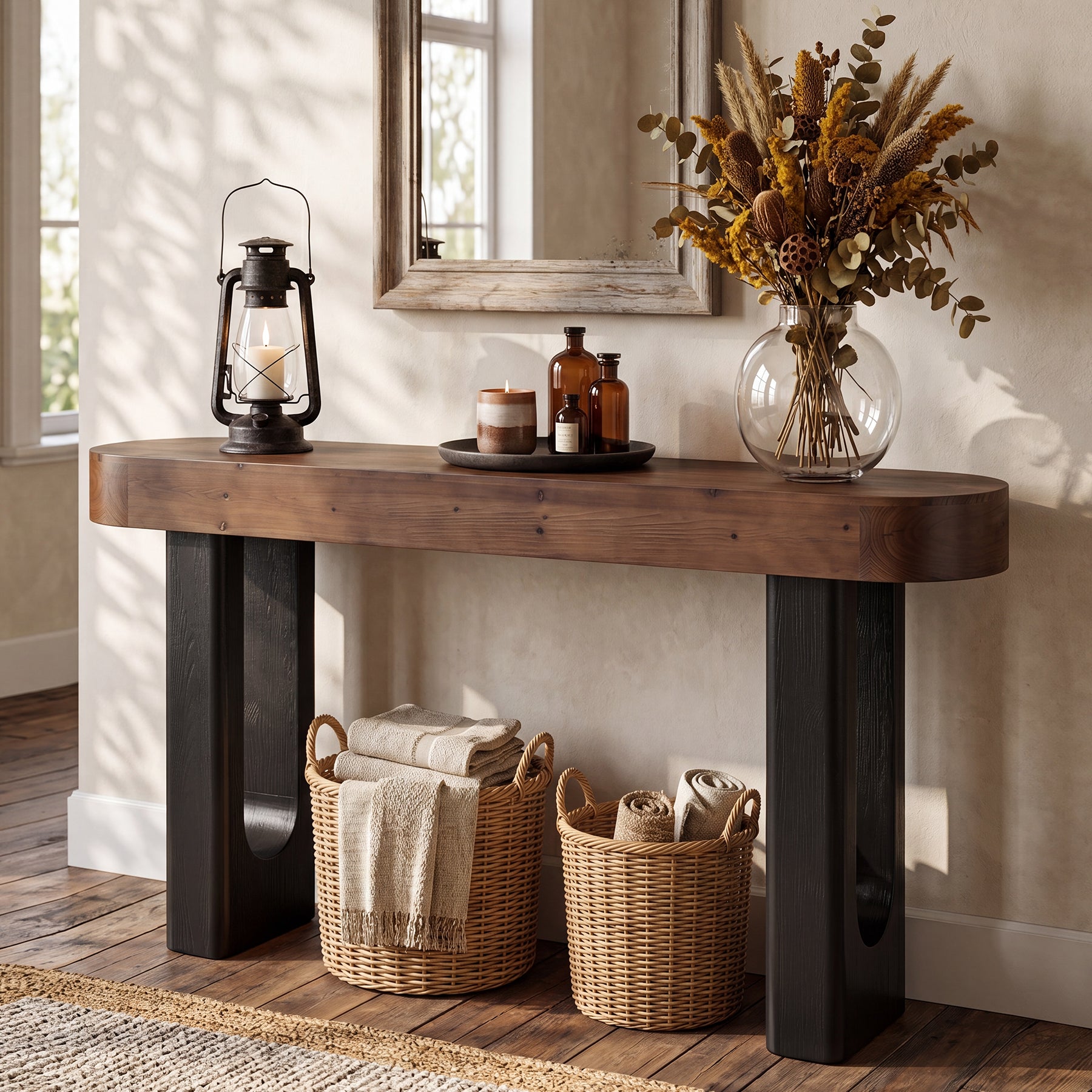 63" Solid Wood Console Table, Narrow Sofa Table with Rounded Edges for Entryway