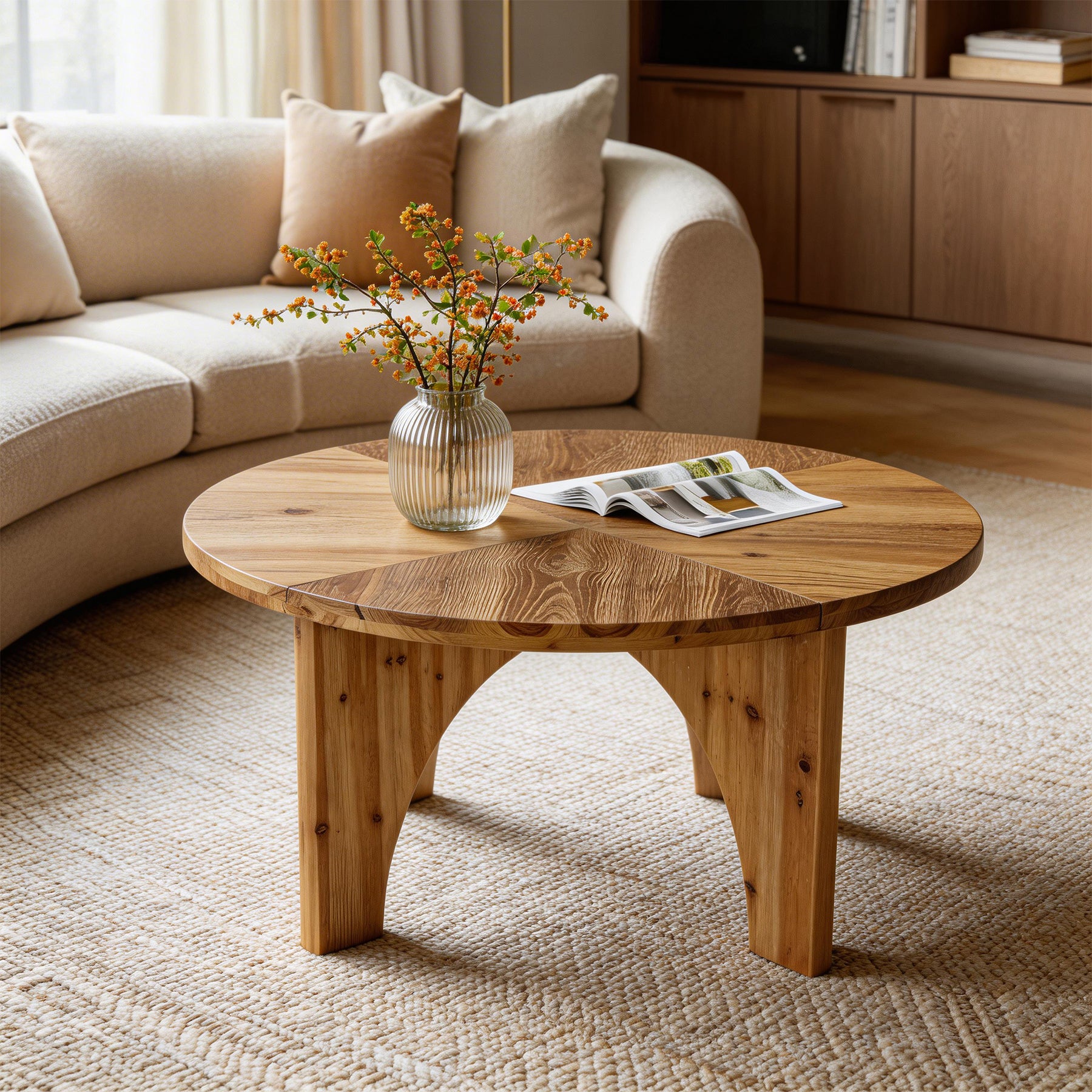 31.5" Round Coffee Table, Farmhouse Solid Wood Center Table with Curved Legs