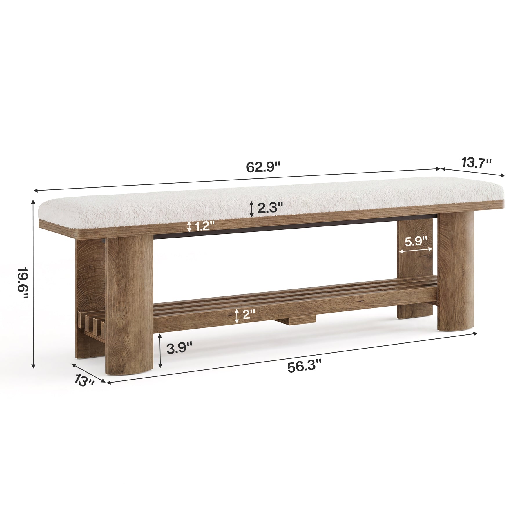 62.9" Entryway Bench with Storage, Upholstered Shoe Bench with Faux Lamb Wool Cushion