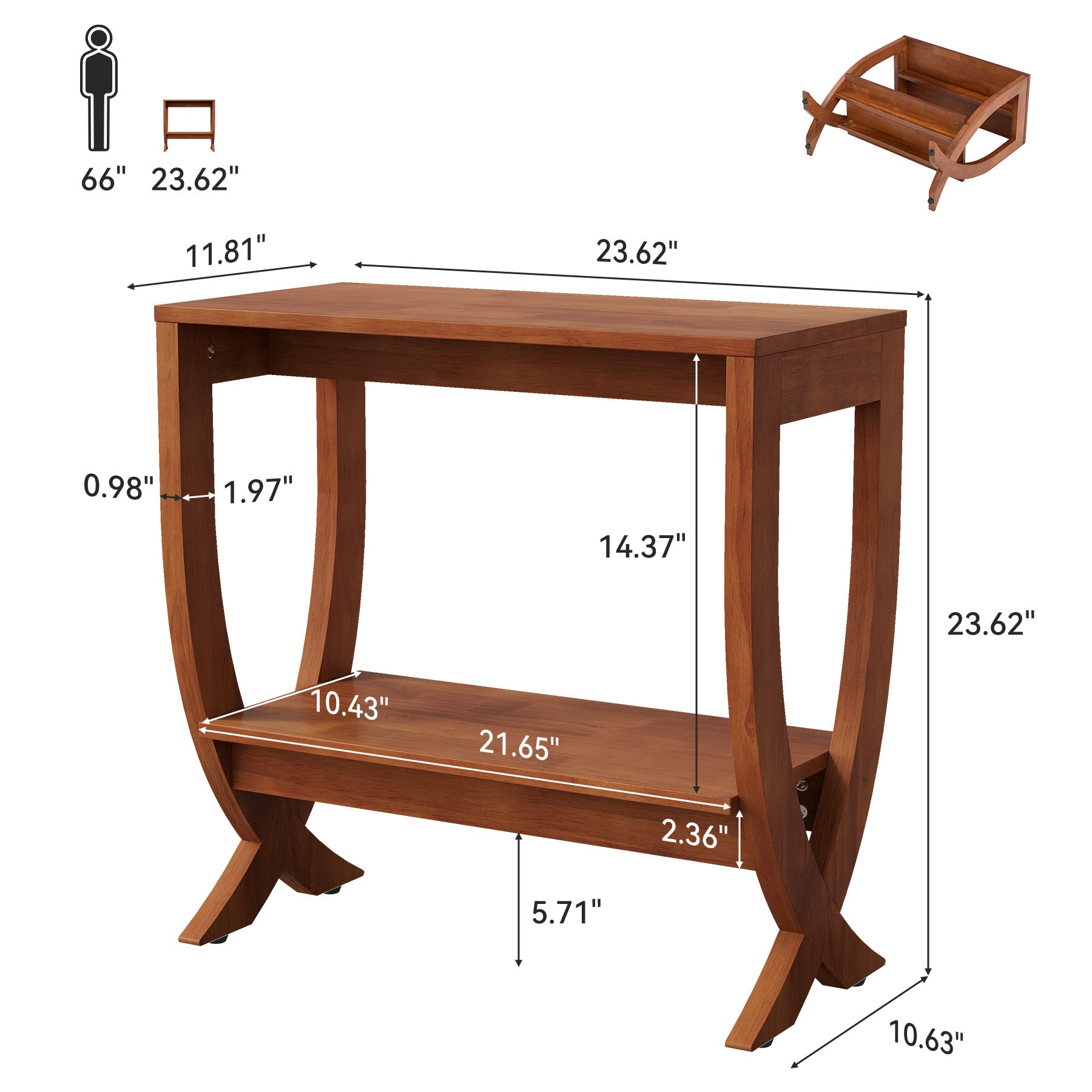 Solid Wood End Table, 2-Tier Couch Side Table with Arched Legs