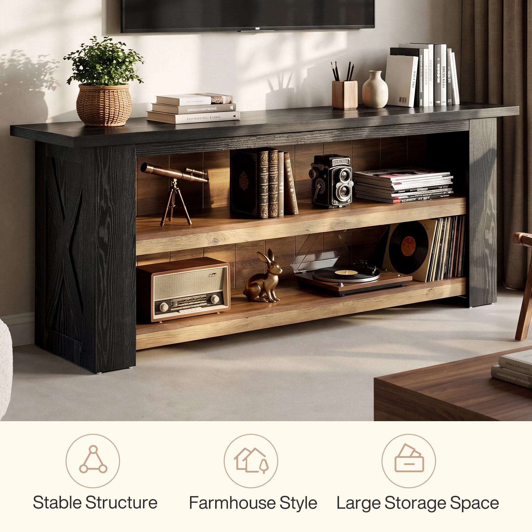 63-Inch Farmhouse TV Stand with X-Shaped Side Panels, Black Entertainment Center for Living Room
