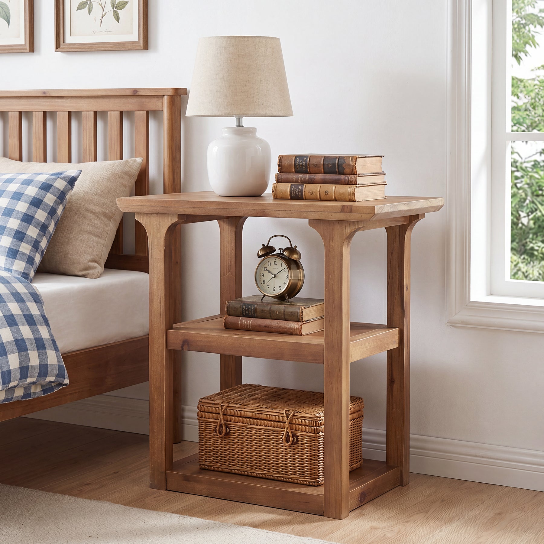 23.6" Solid Wood Nightstand, 3-Tier Bedside Table with Storage Shelves for Bedroom