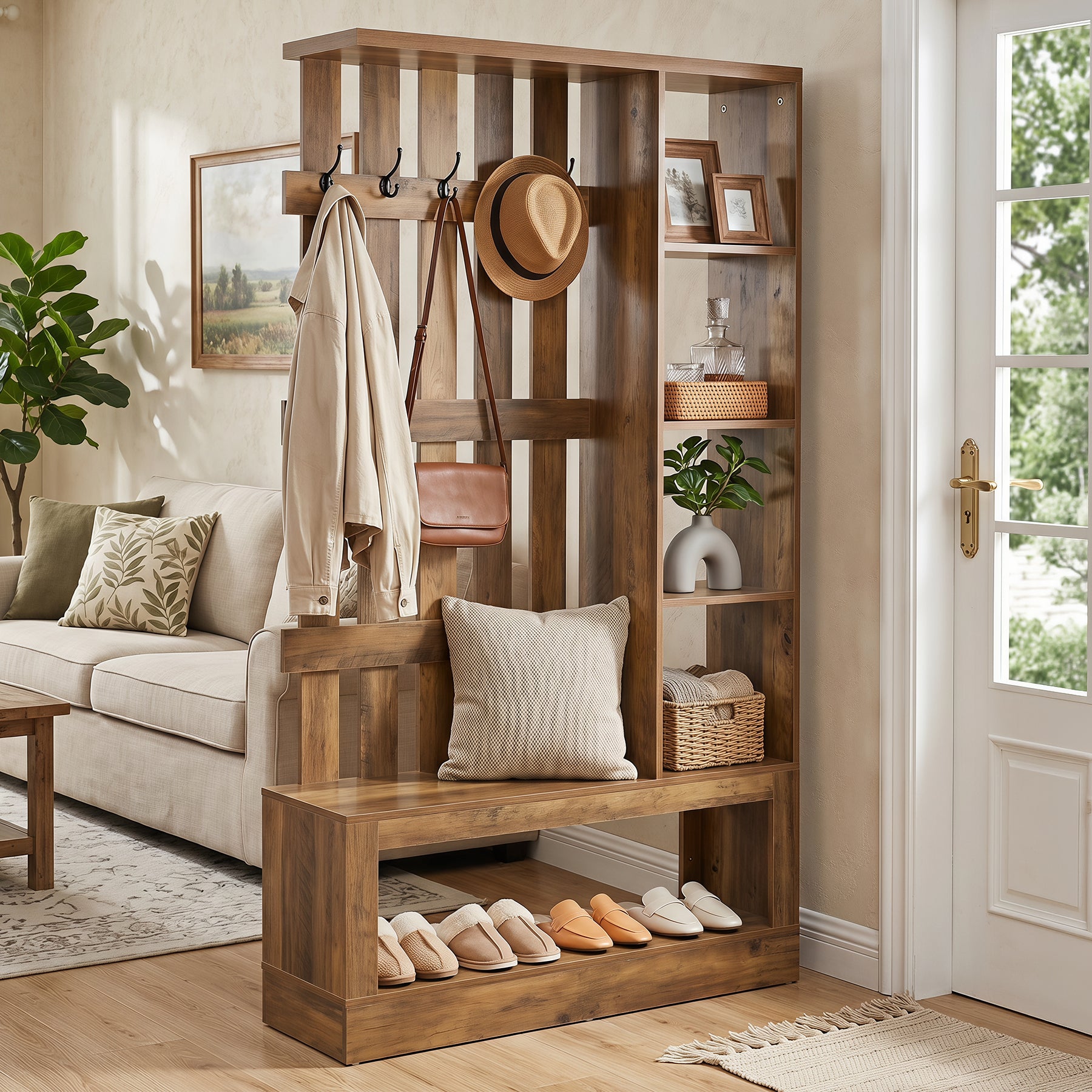 70.9'' Wall Room Divider With Shelves, Freestanding Wall Partition With Coat Rack