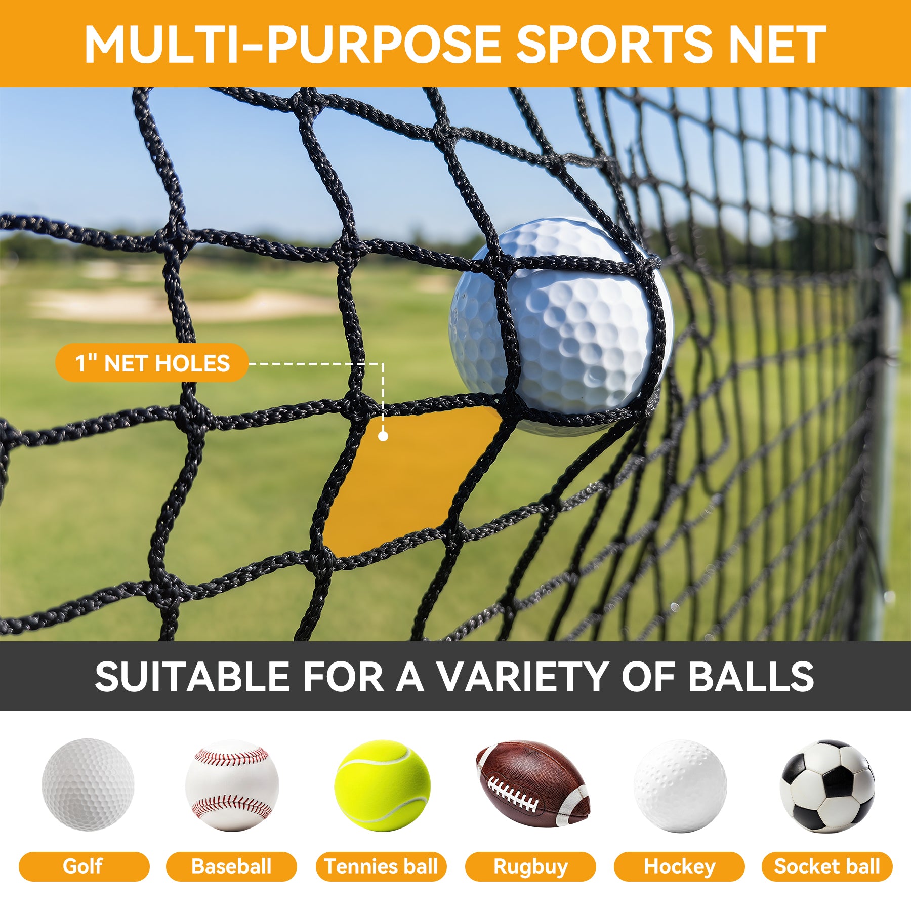Sports Netting, Nylon Golf Net 10x10, High Impact Golf Practice Net for Backyard, 4 Hooks & 12 Bungee Cords