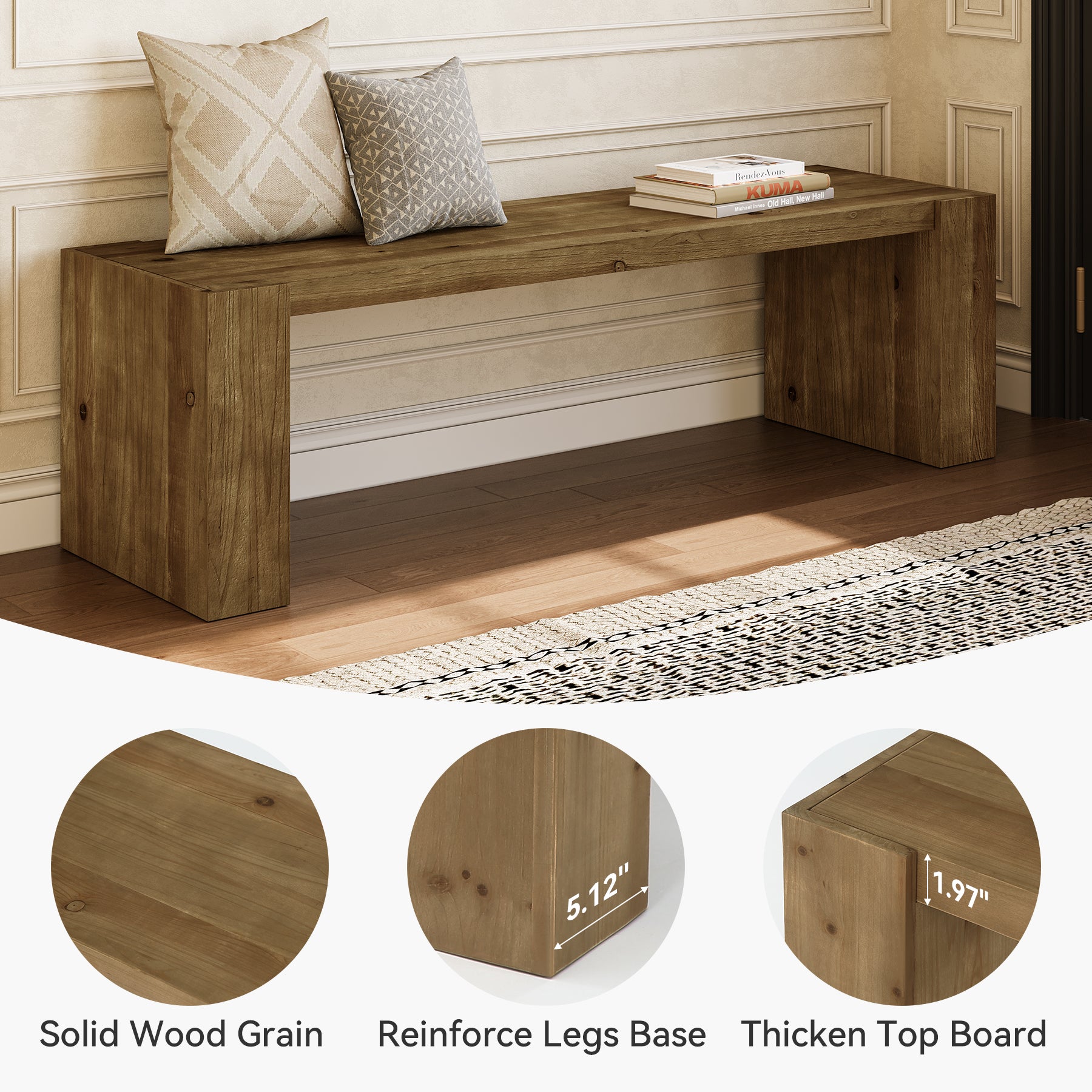 59" Entryway Bench, Solid Wood Bench Seat TV Stand with Sturdy Frame