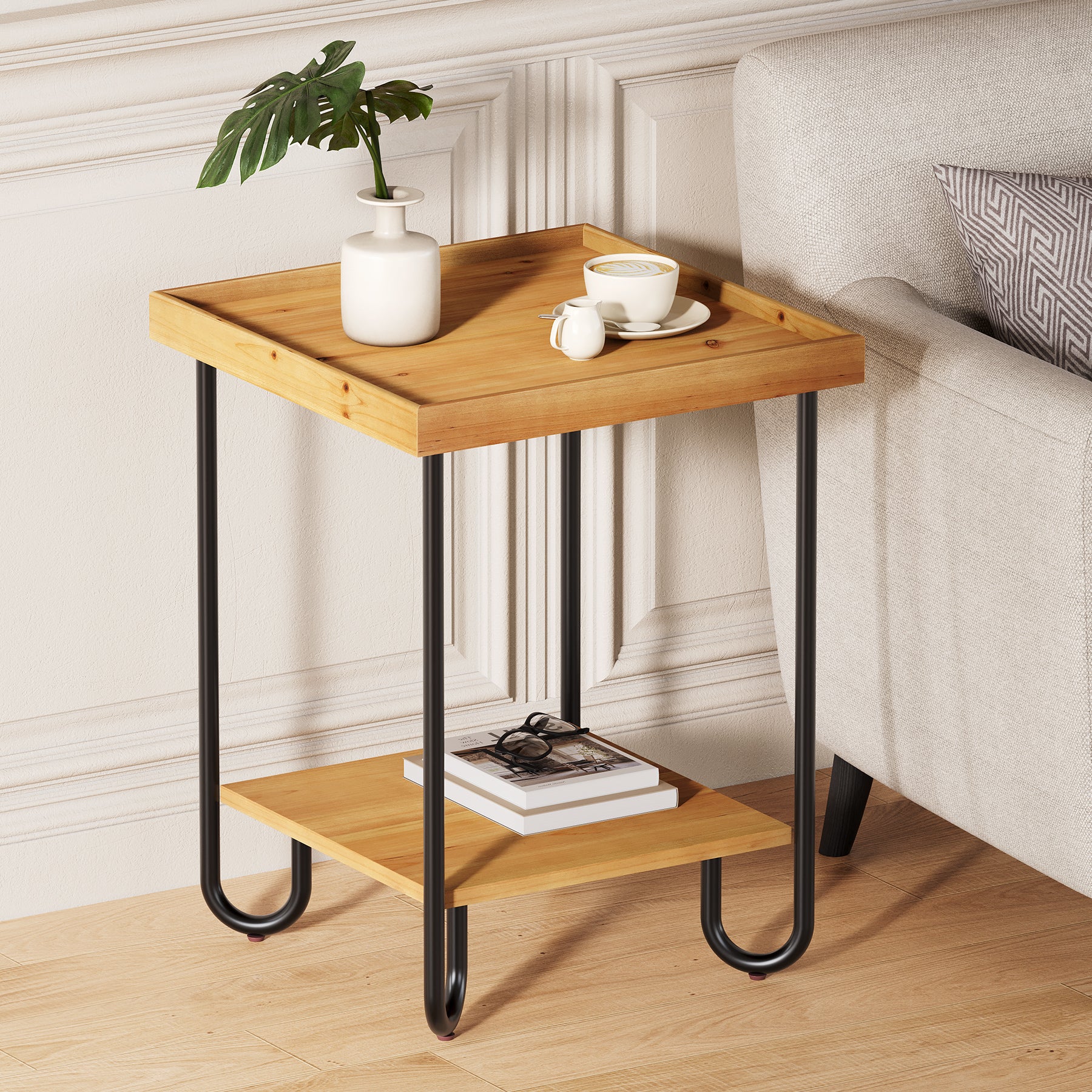 Solid Wood End Table, 2-Tier Side Table Nightstand with Storage Shelf