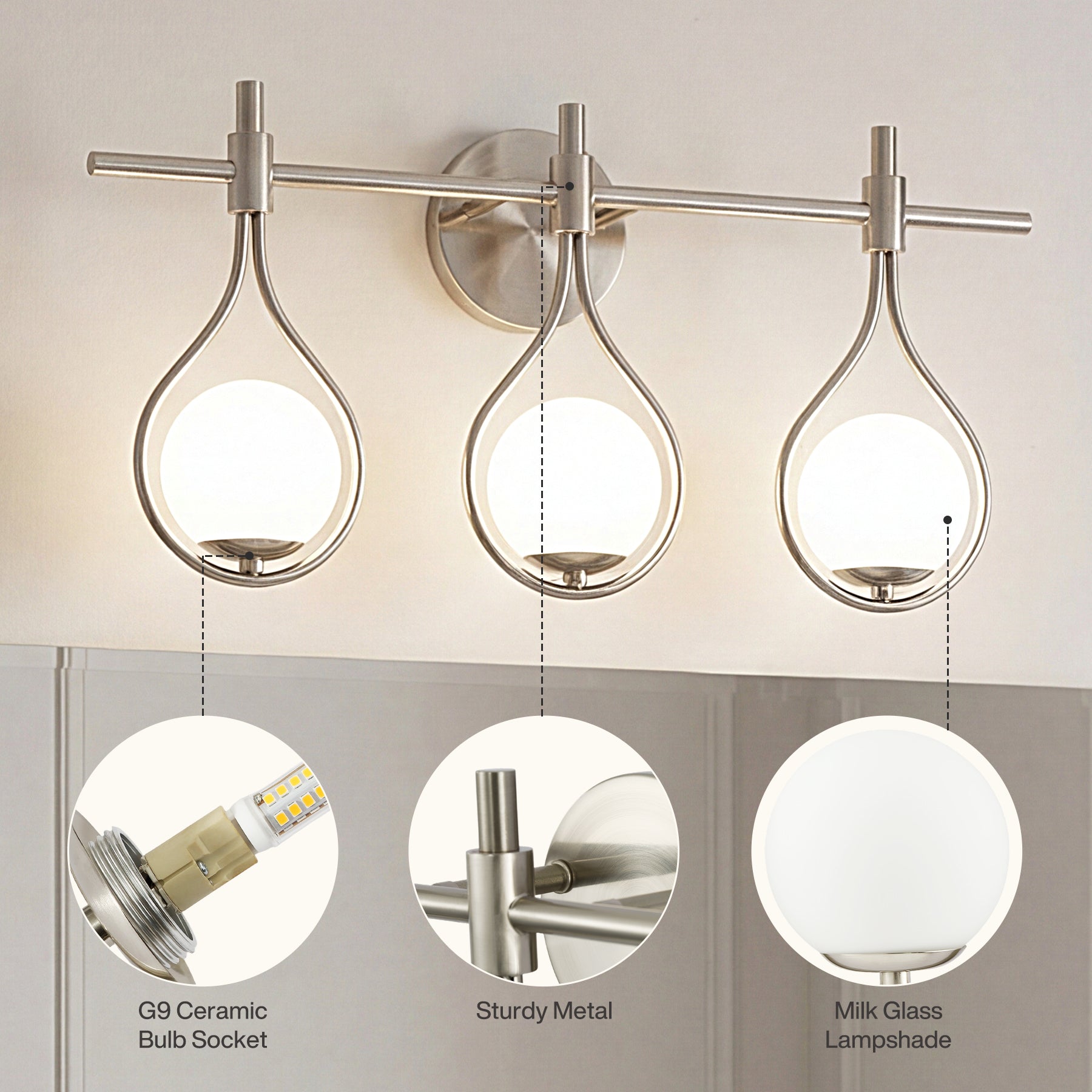 3-Light Bathroom Vanity Light, 22.5" Wall Lighting Fixture with Glass Shades