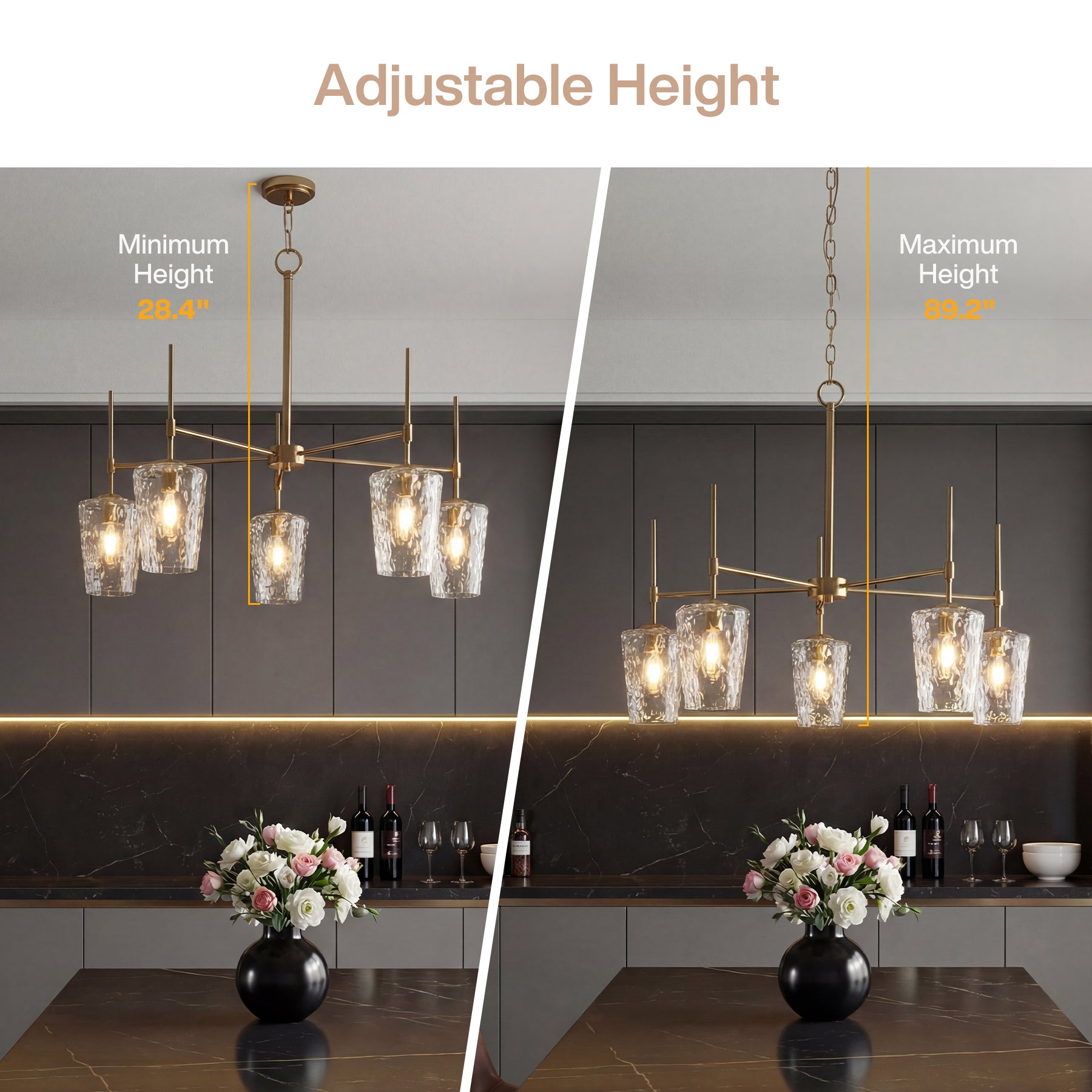 5-Light Chandelier, Modern Pendant Light with Water Ripple Wine Glass Shades
