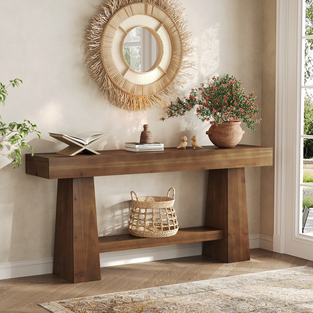 Solid Wood Console Table, 63" Wooden Entryway Sofa Table with Storage ...