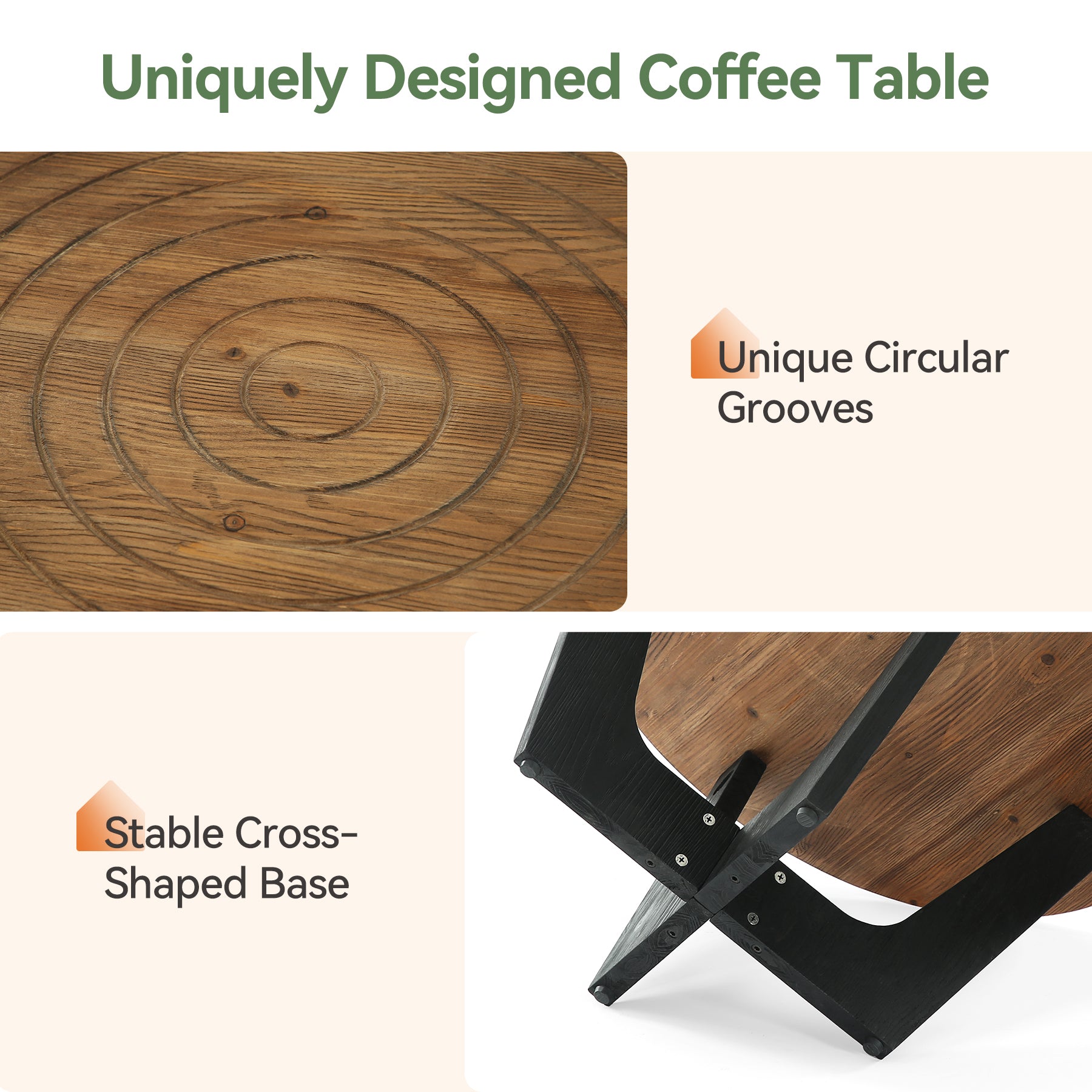 Round Solid Wood Coffee Table, 31.5" Center Tea Table with Ring Groove