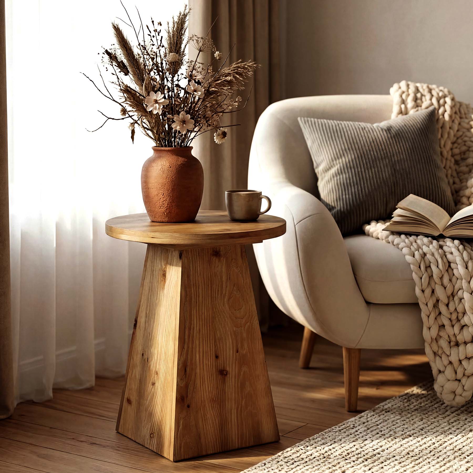 18.9 Inch Solid Wood End Table with Trapezoid Base, Round Side Table for Living Room Small Spaces