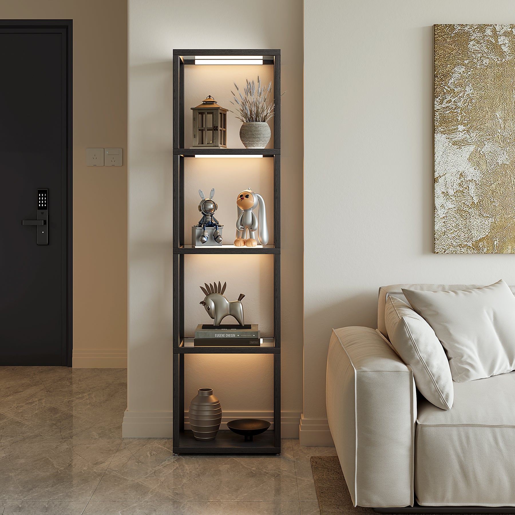 LED Floor Lamp, 4-Tier Bookshelf with Glass Shelves & Light