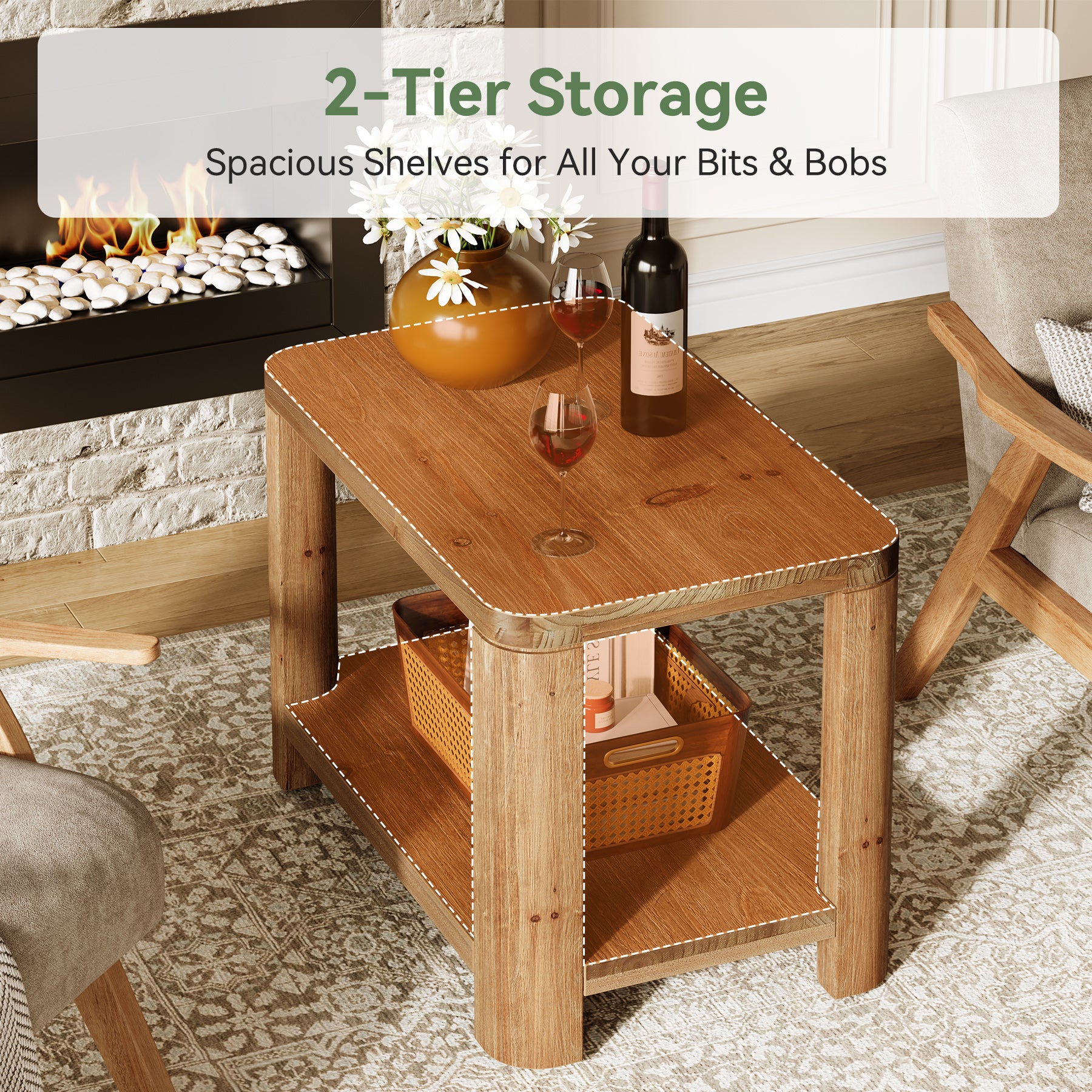 Solid Wood End Table, Rectangle Side Table Nightstand with 2-Tier Shelf