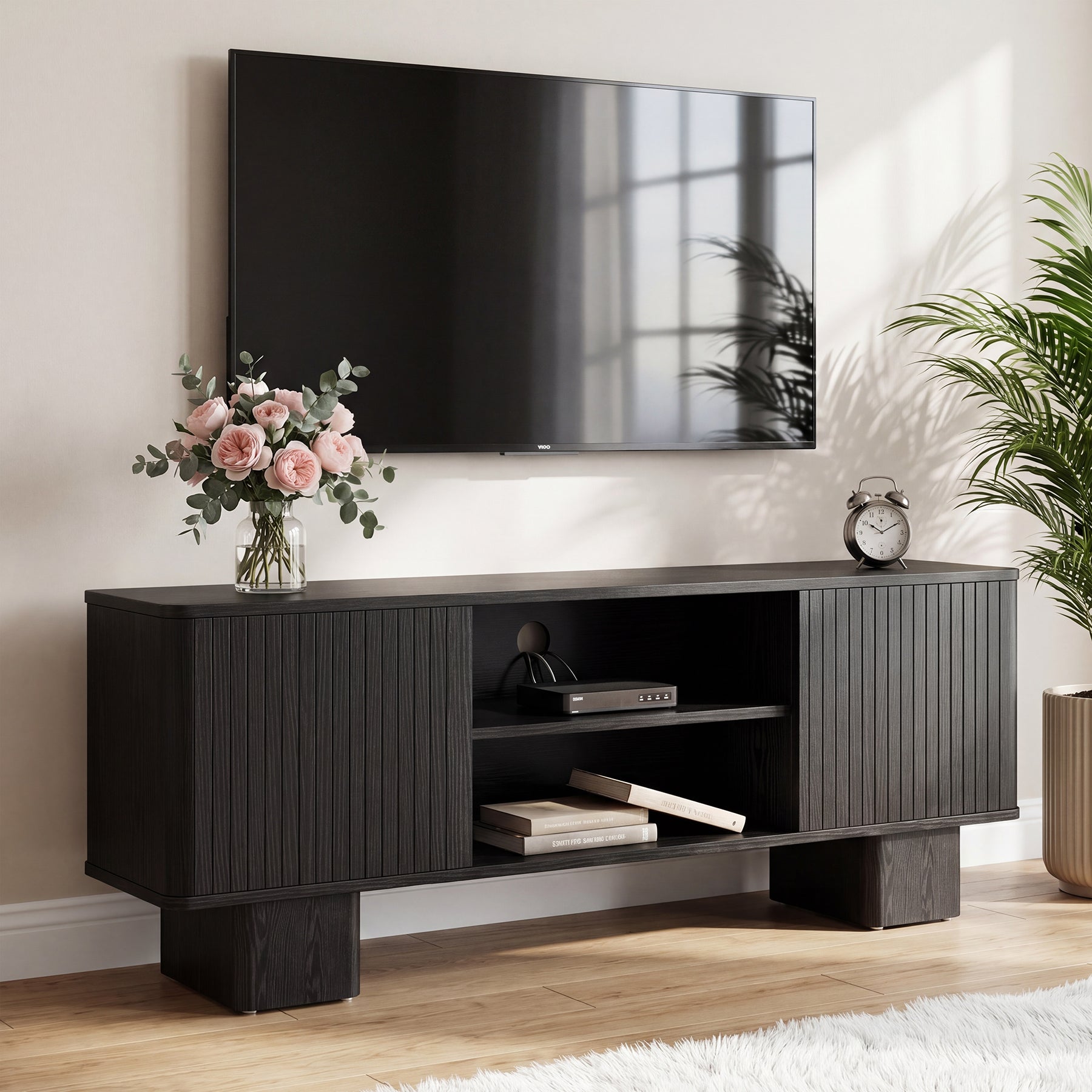 63" TV Stand for TVs Up To 70", Entertainment Center With Fluted Door & Hidden Storage