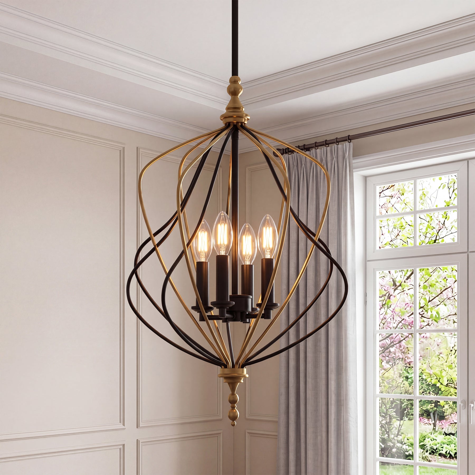 4-Light Chandelier, Modern Metal Cage Pendant Lighting for Living Room (Bulb Not Included)