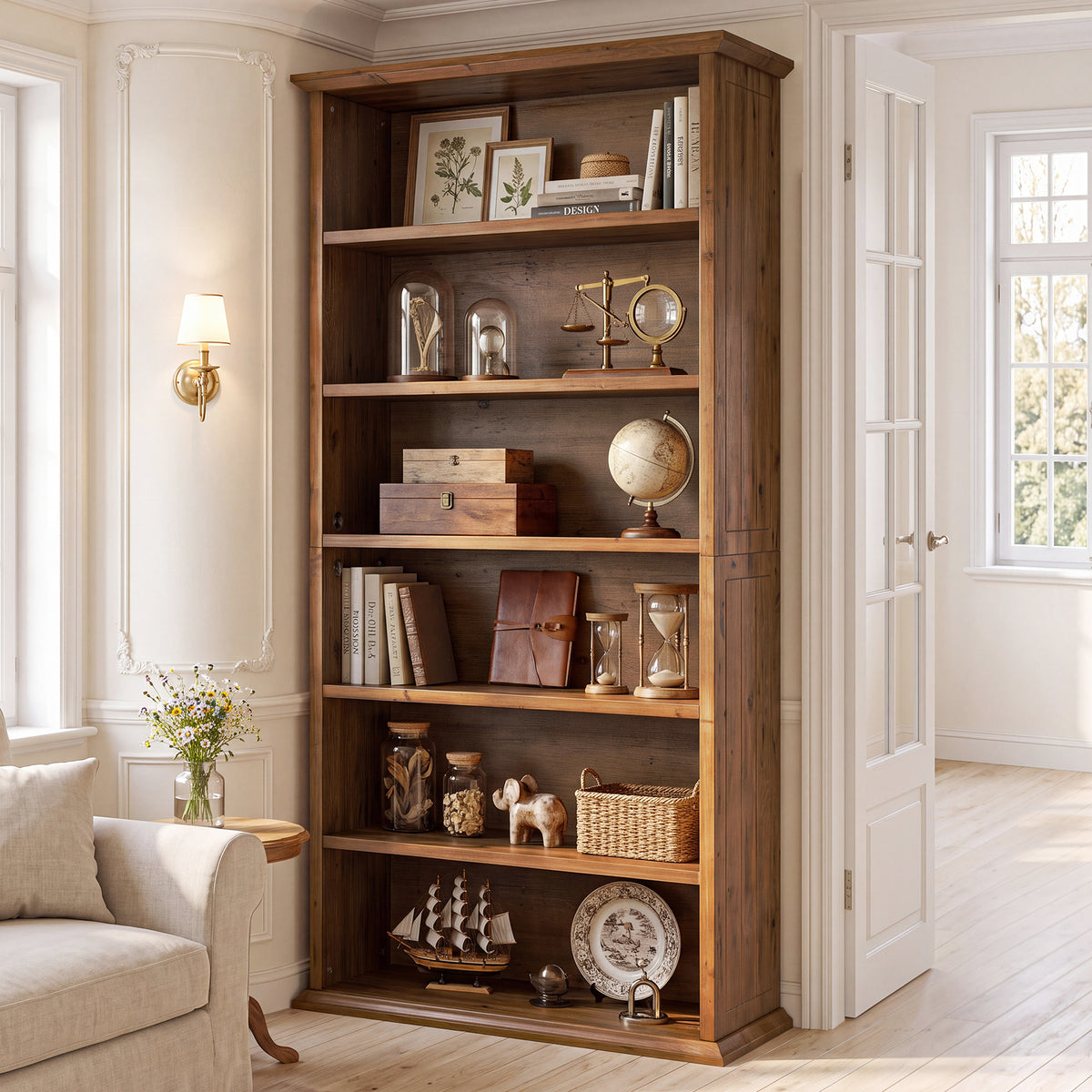 75" Solid Wood Bookshelf, 7-Tier Open Bookcase Display Shelf for Home Office