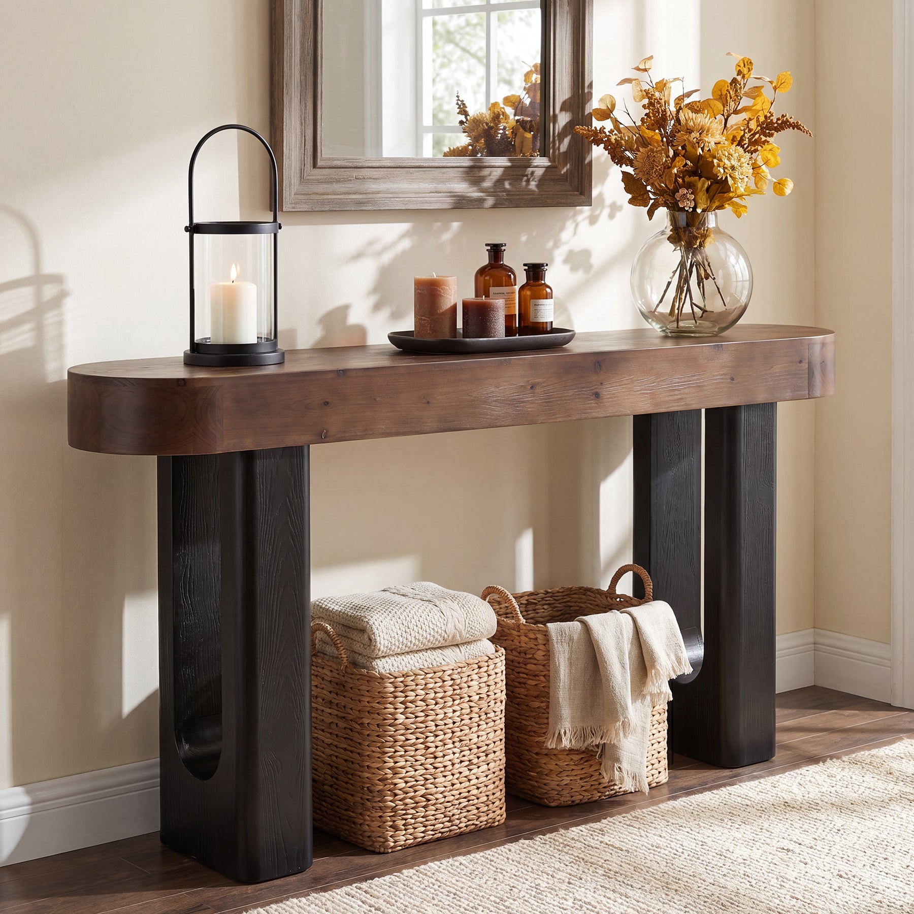 63" Solid Wood Console Table, Narrow Sofa Table with Rounded Edges for Entryway