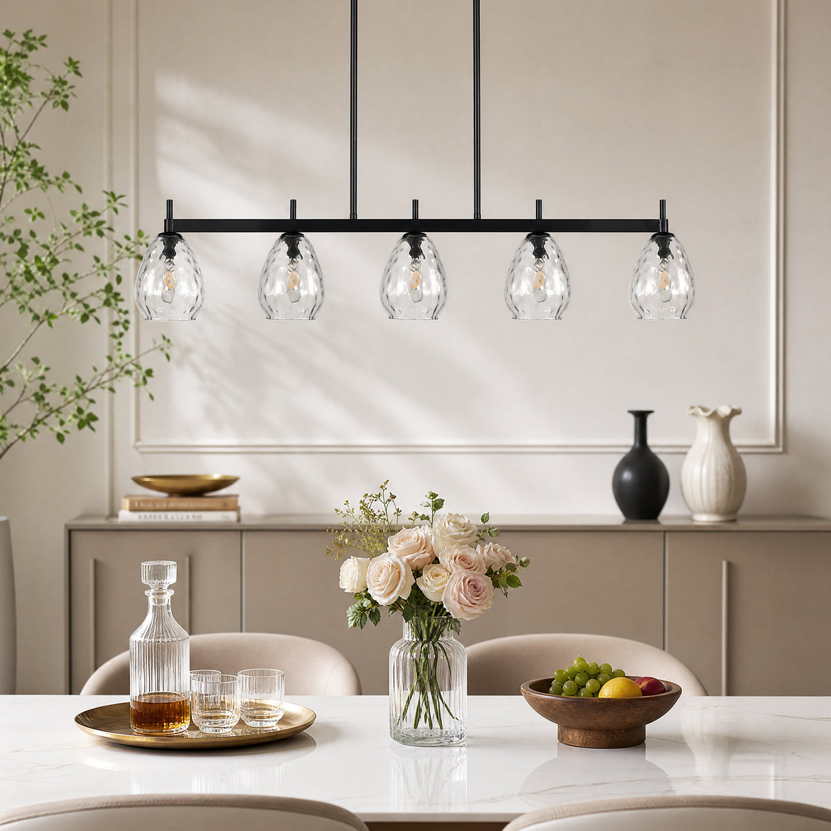 5-Light 41" Black Linear Pendant Light, Kitchen Island Light with Clear Glass Shade