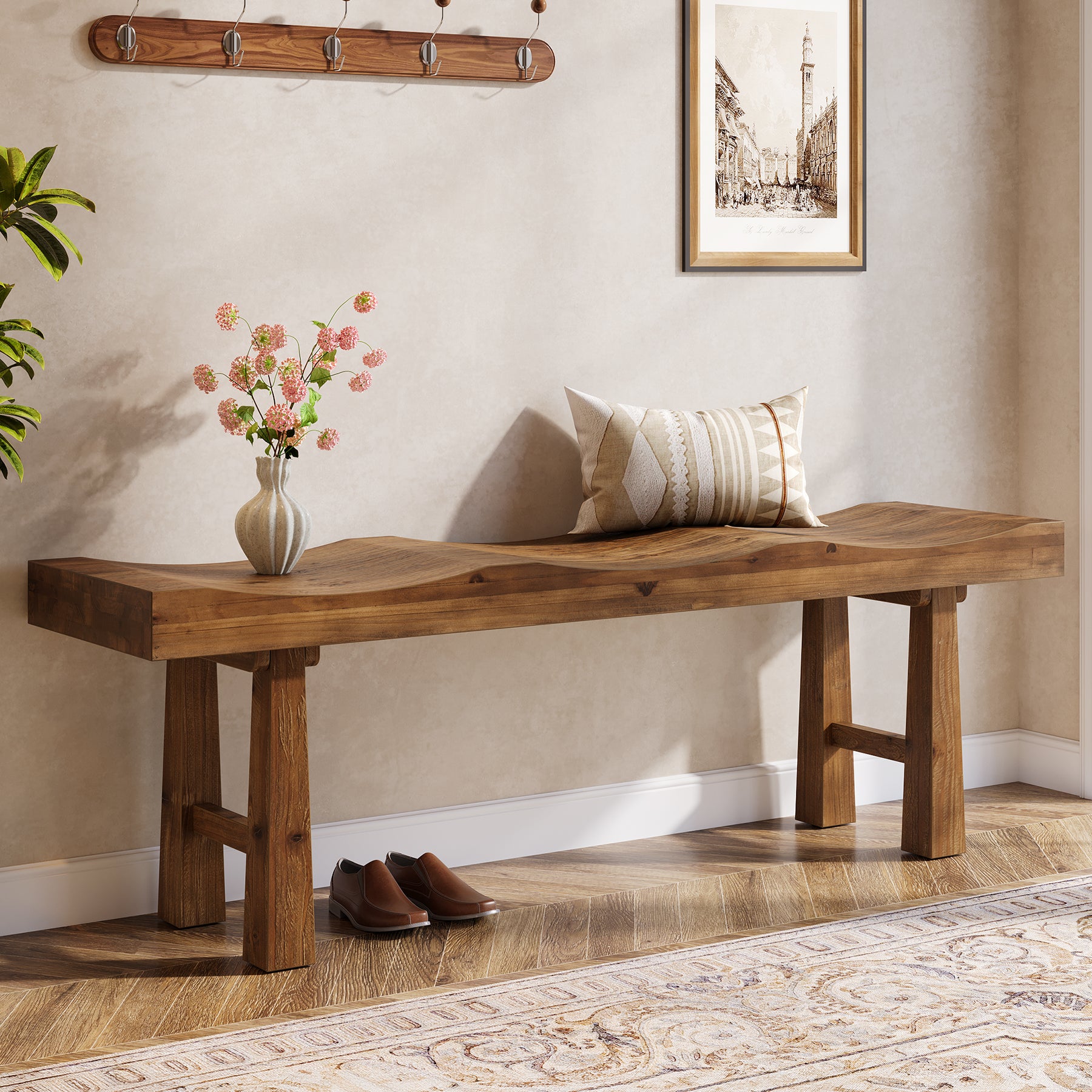 55" Entryway Bench, Solid Wood Storage Bench with Wave-Top Design for Foyer