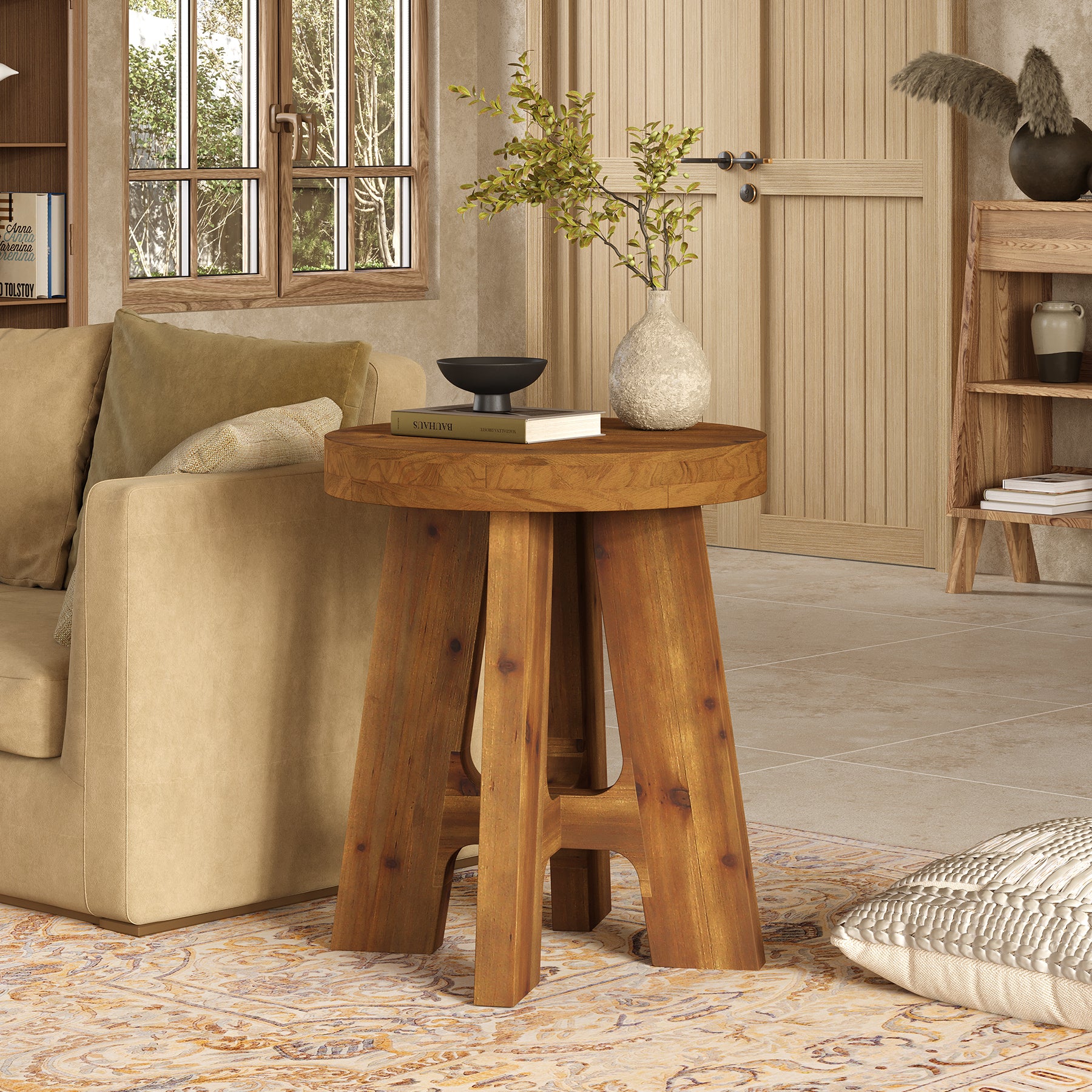 Solid Wood End Table, Round Side Table with Heavy-Duty Legs for Couch