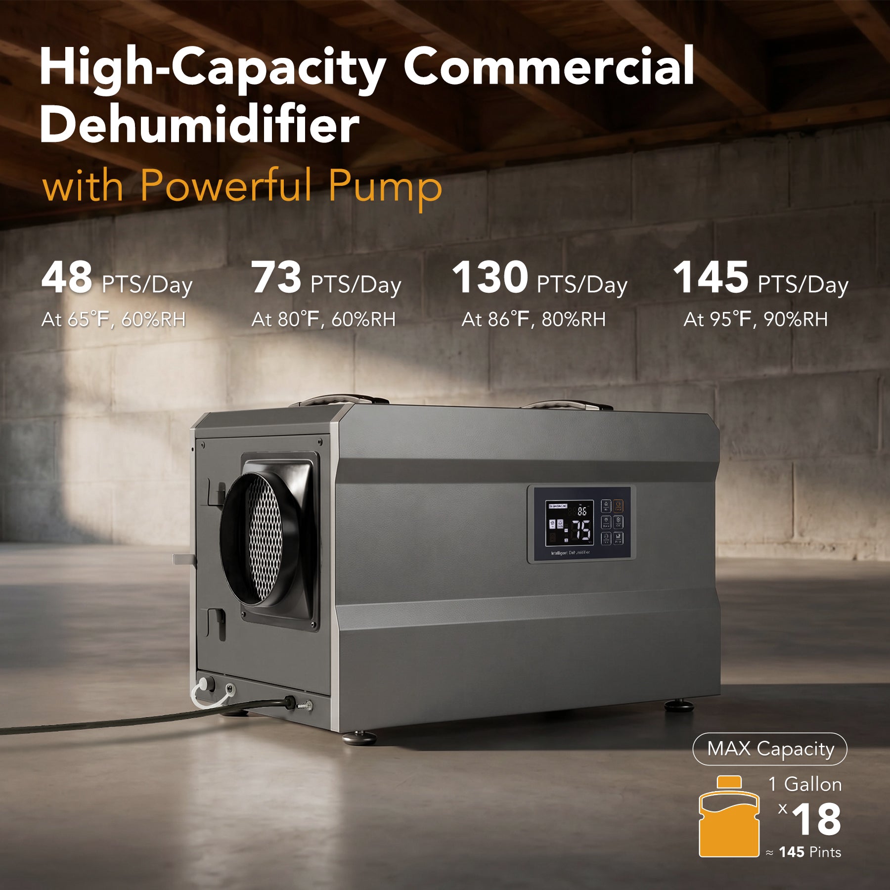 145 Pints Commercial Dehumidifier with Pump & Drain Hose for 1600 Sq. Ft, Auto Defrost, Washable Filter