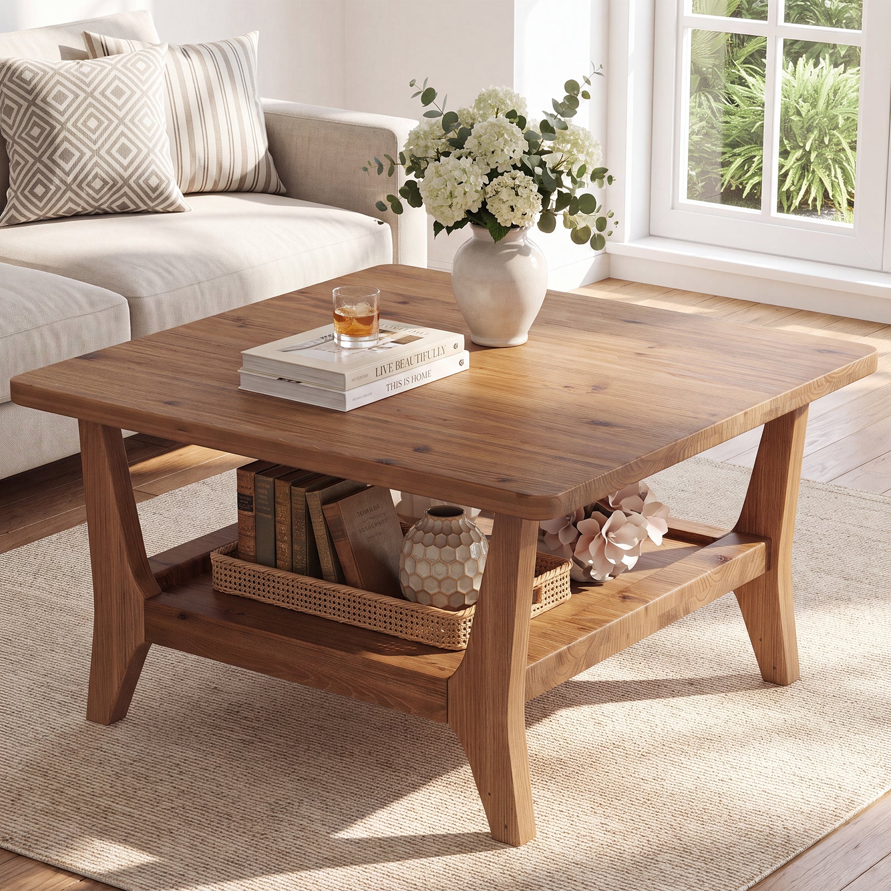 31.5" Square Solid Wood Coffee Table with 2-Tier Storage