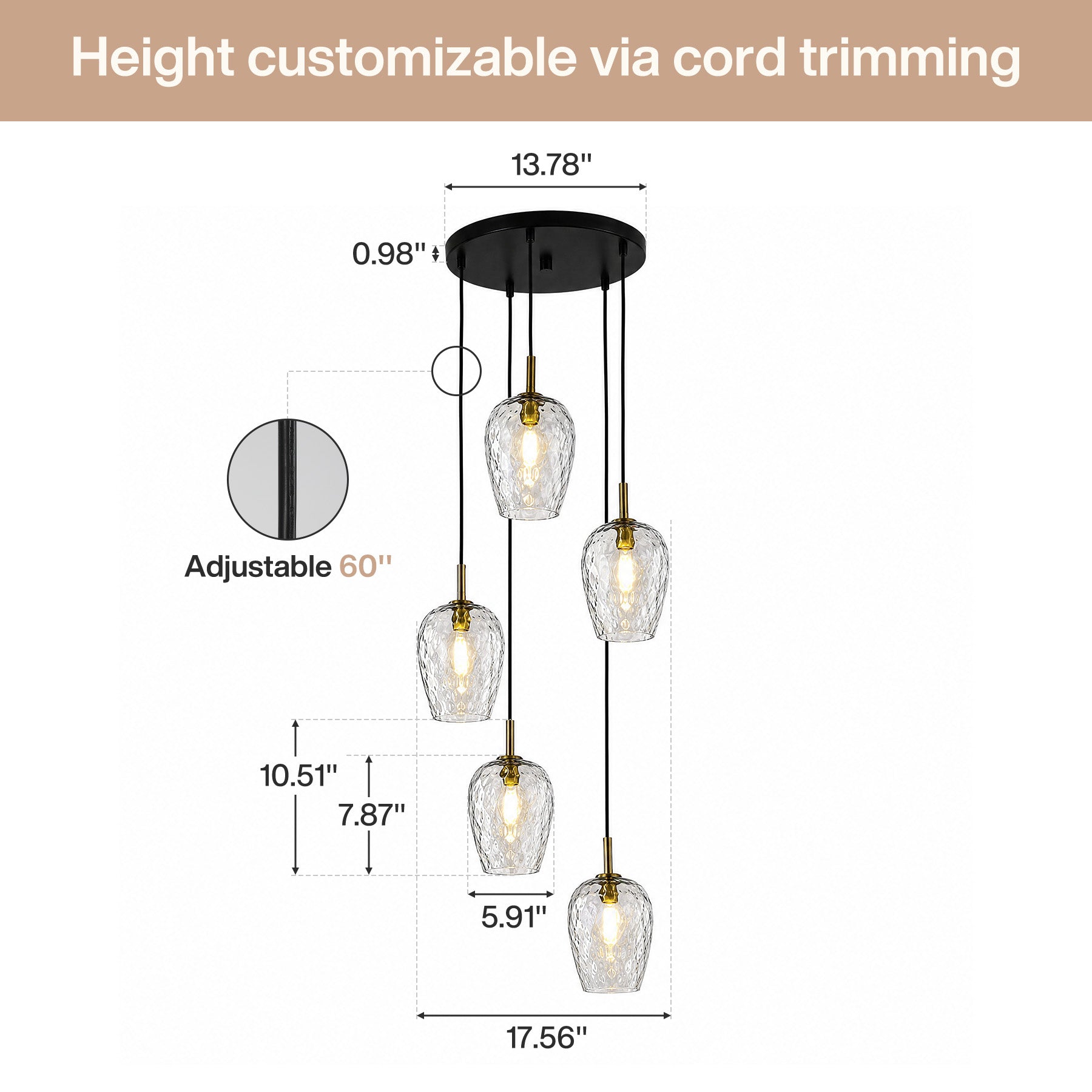5-Light Hammered Glass Pendant Light, Modern Light Fixtures with Adjustable 60" Cord