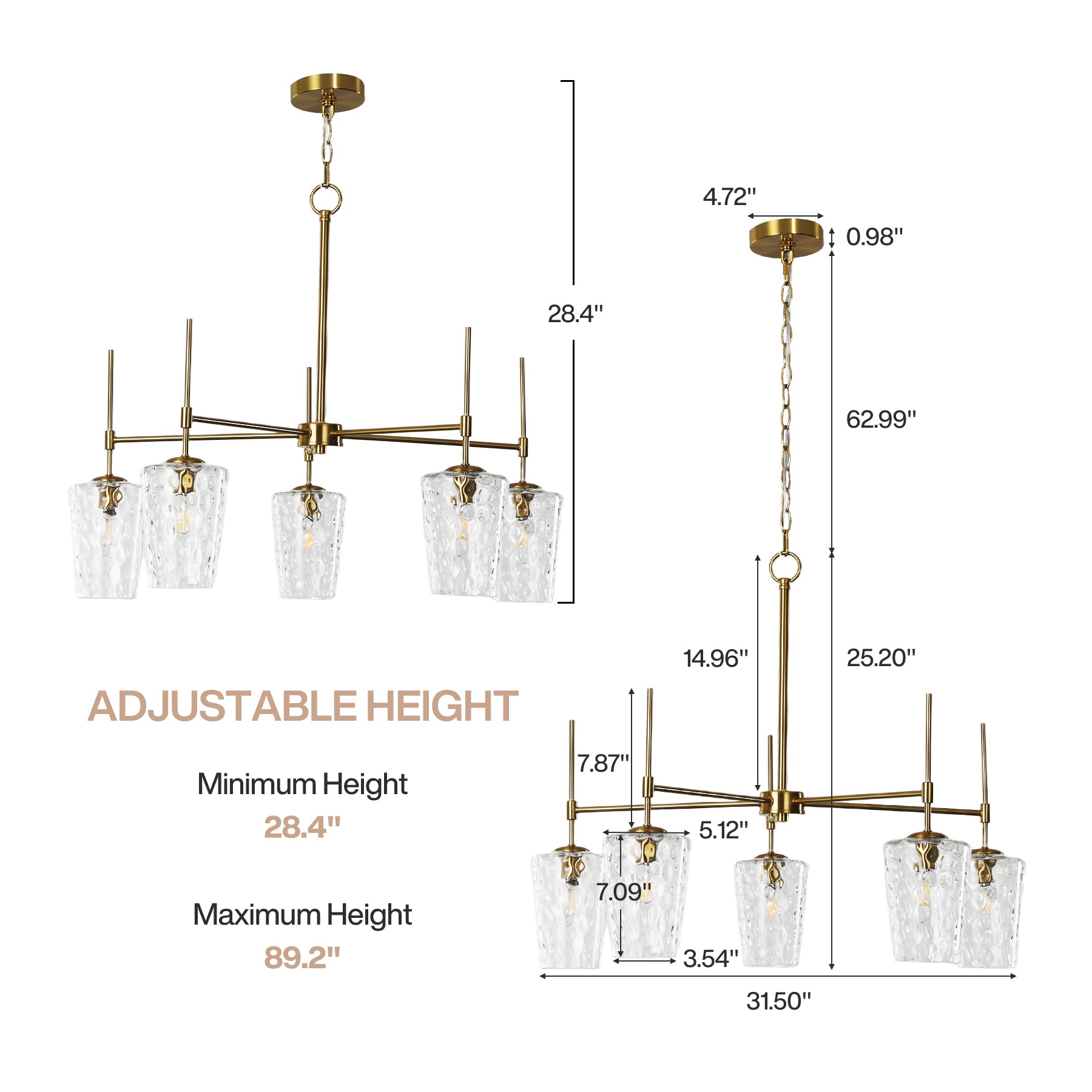 5-Light Chandelier, Modern Pendant Light with Water Ripple Wine Glass Shades