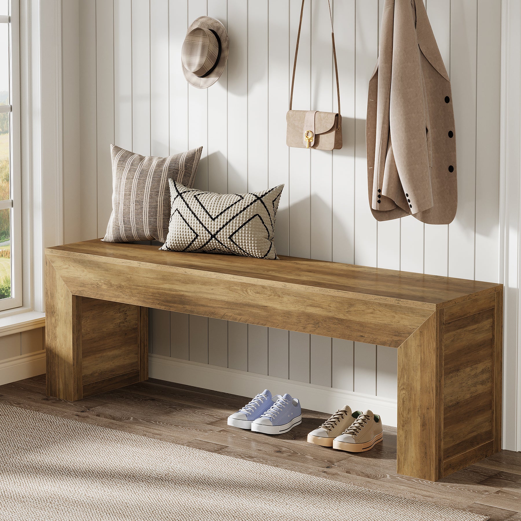 63" Farmhouse Entryway Bench, Wooden Shoe Storage Bench for Hallway, End of Bed, or Dining Seating