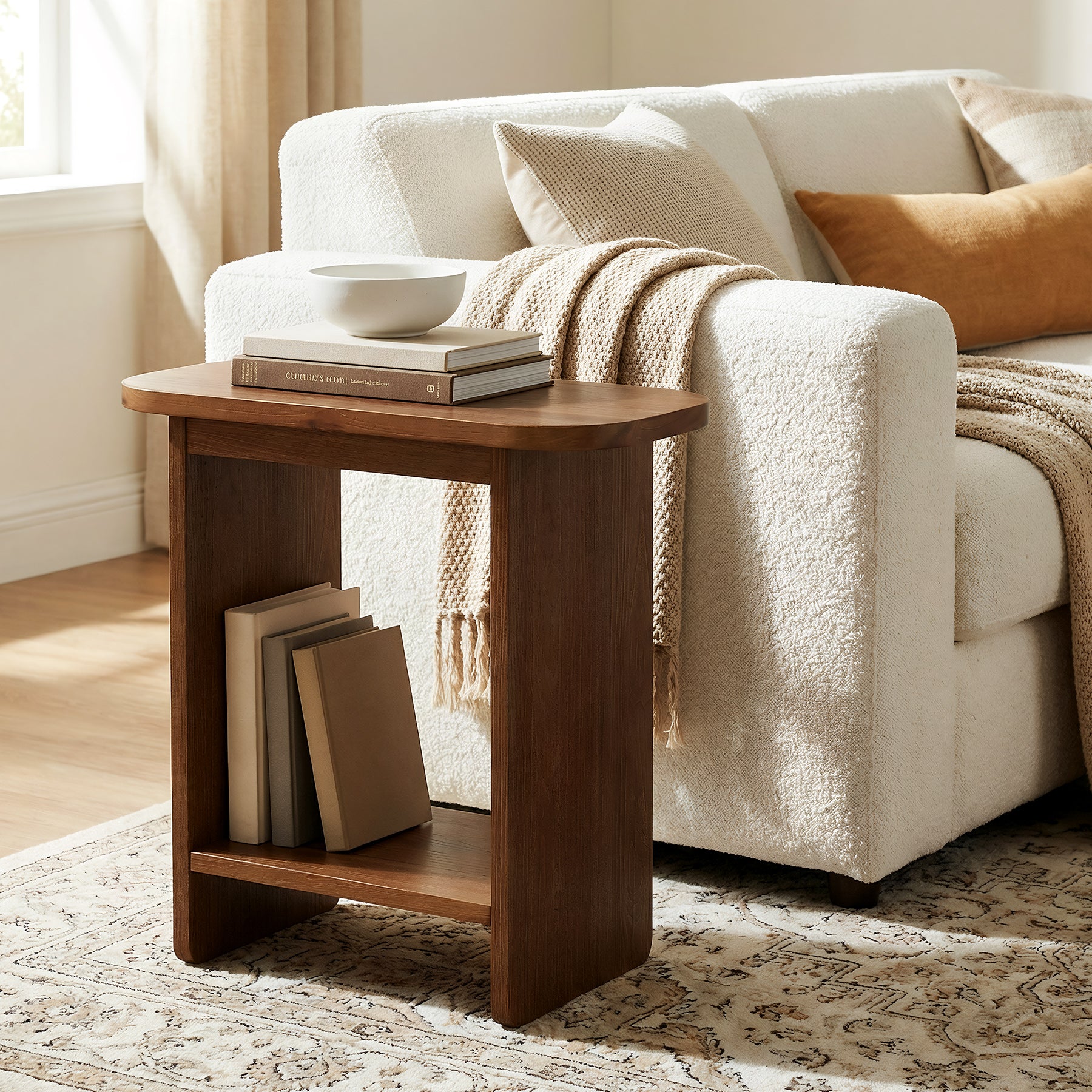 Solid Wood End Table, H-Shaped 2-Tier Side Table with Storage Shelf