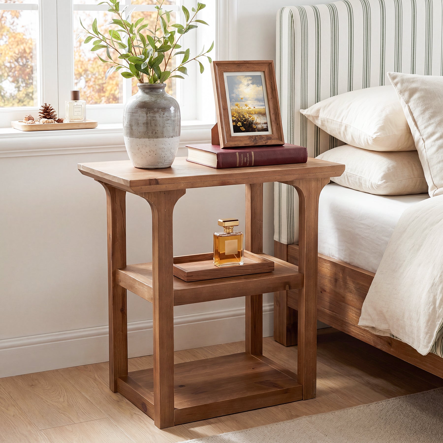 23.6" Solid Wood Nightstand, 3-Tier Bedside Table with Storage Shelves for Bedroom