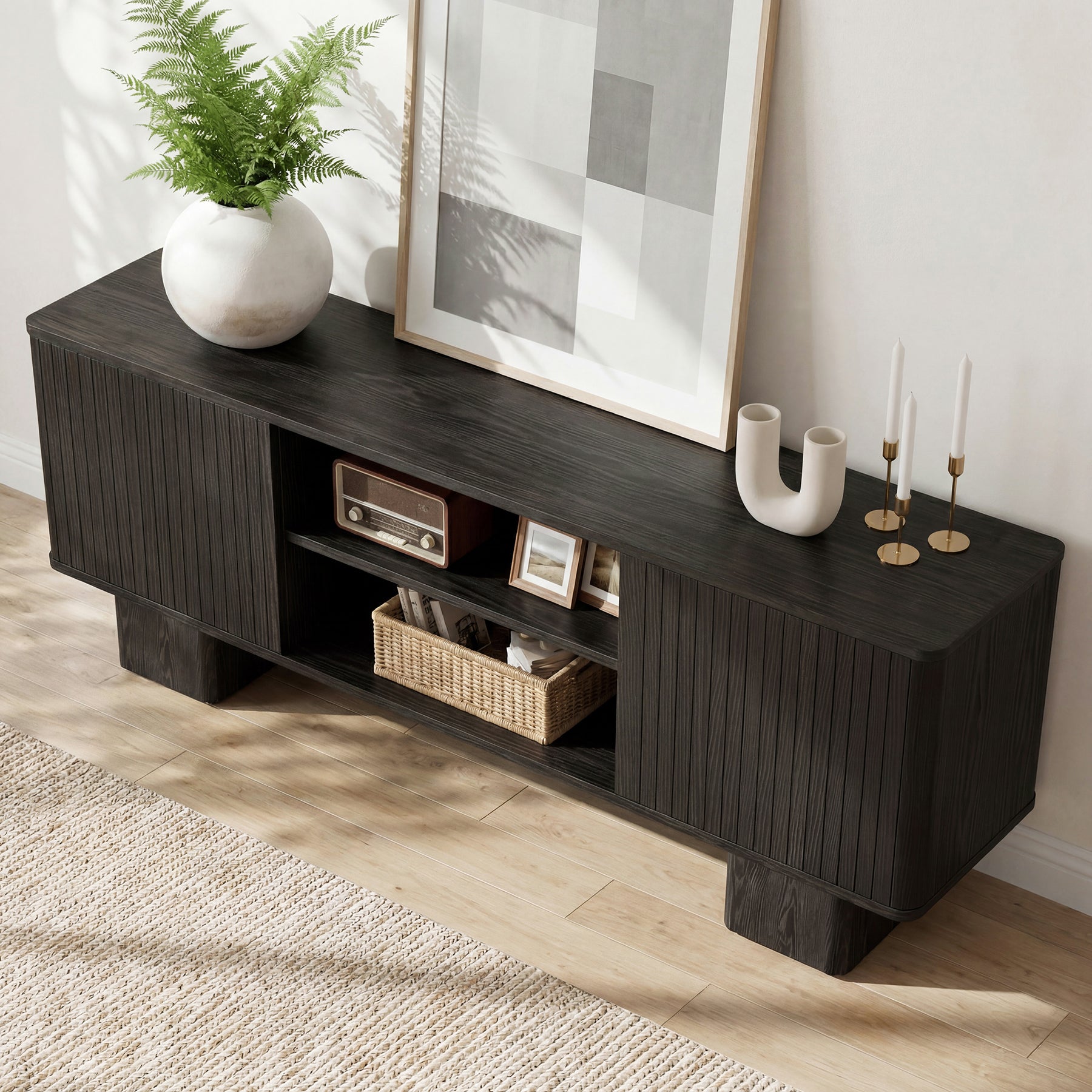 63" TV Stand for TVs Up To 70", Entertainment Center With Fluted Door & Hidden Storage