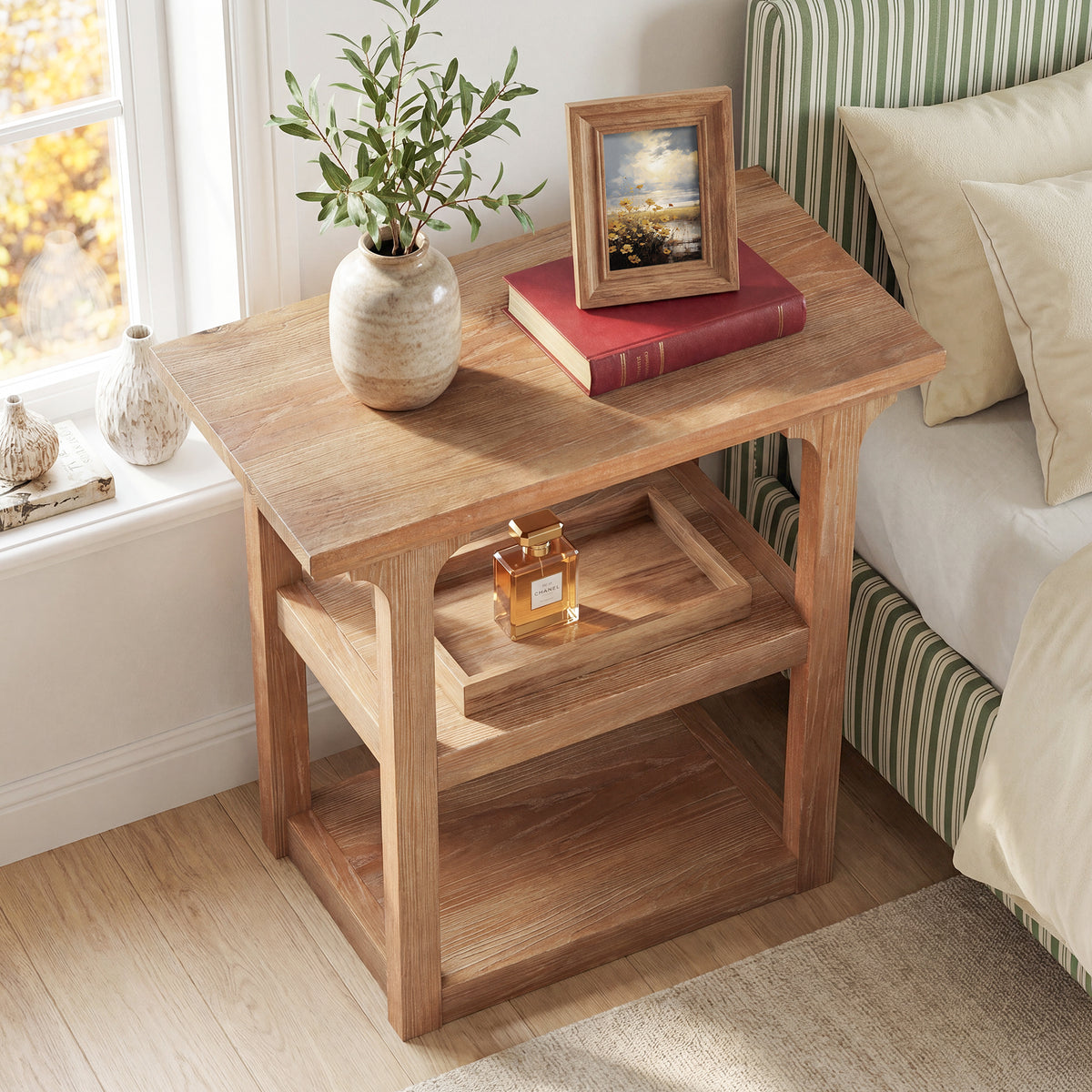 23.6" Solid Wood Nightstand, 3-Tier Bedside Table with Storage Shelves for Bedroom