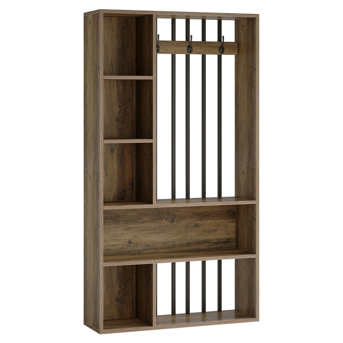 71" Modern Wood Room Divider with Shelves, Coat Hooks & LED Light, Freestanding