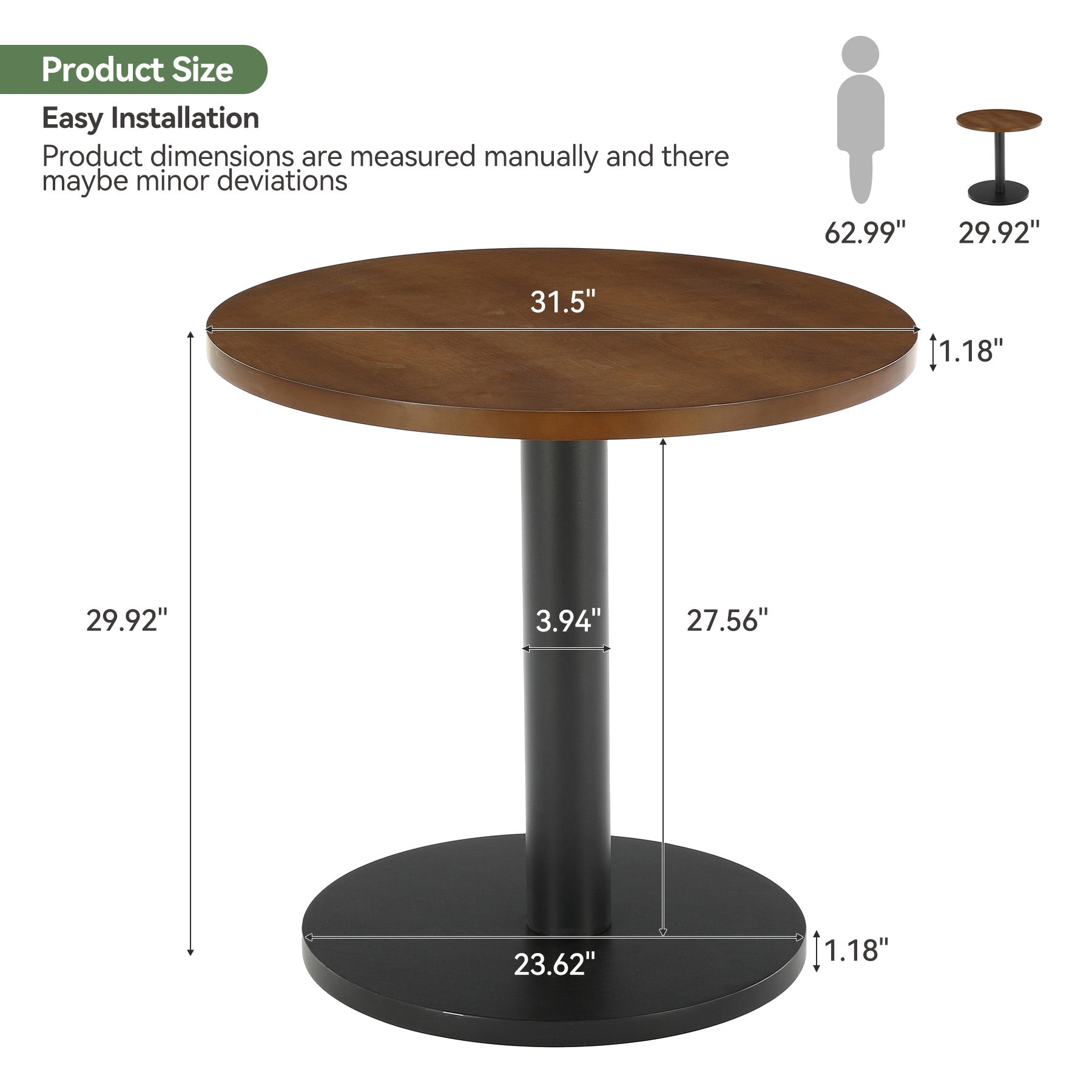 31.5-Inch Solid Wood Round Dining Table with Metal Pedestal Base, Small Kitchen Table for 2-4 People (Only Table)