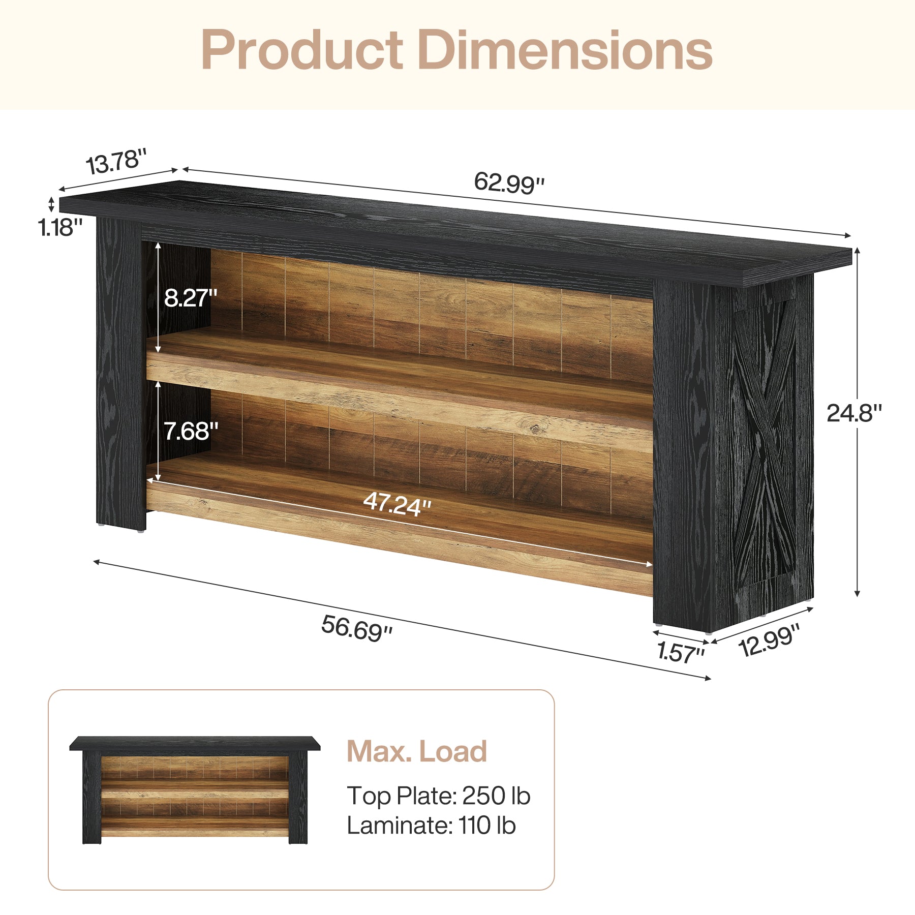 63-Inch Farmhouse TV Stand with X-Shaped Side Panels, Black Entertainment Center for Living Room