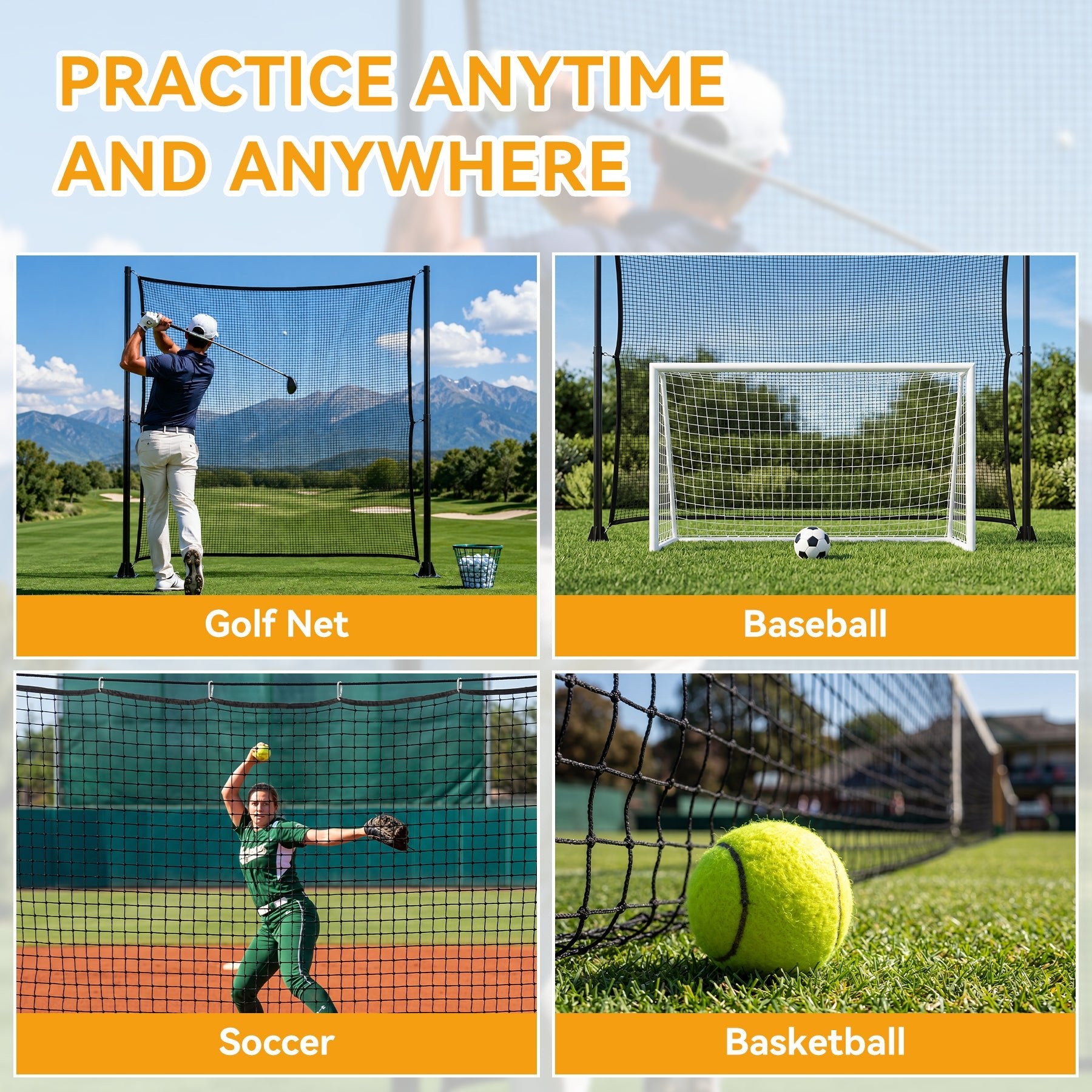 Sports Netting, Nylon Golf Net 10x10, High Impact Golf Practice Net for Backyard, 4 Hooks & 12 Bungee Cords