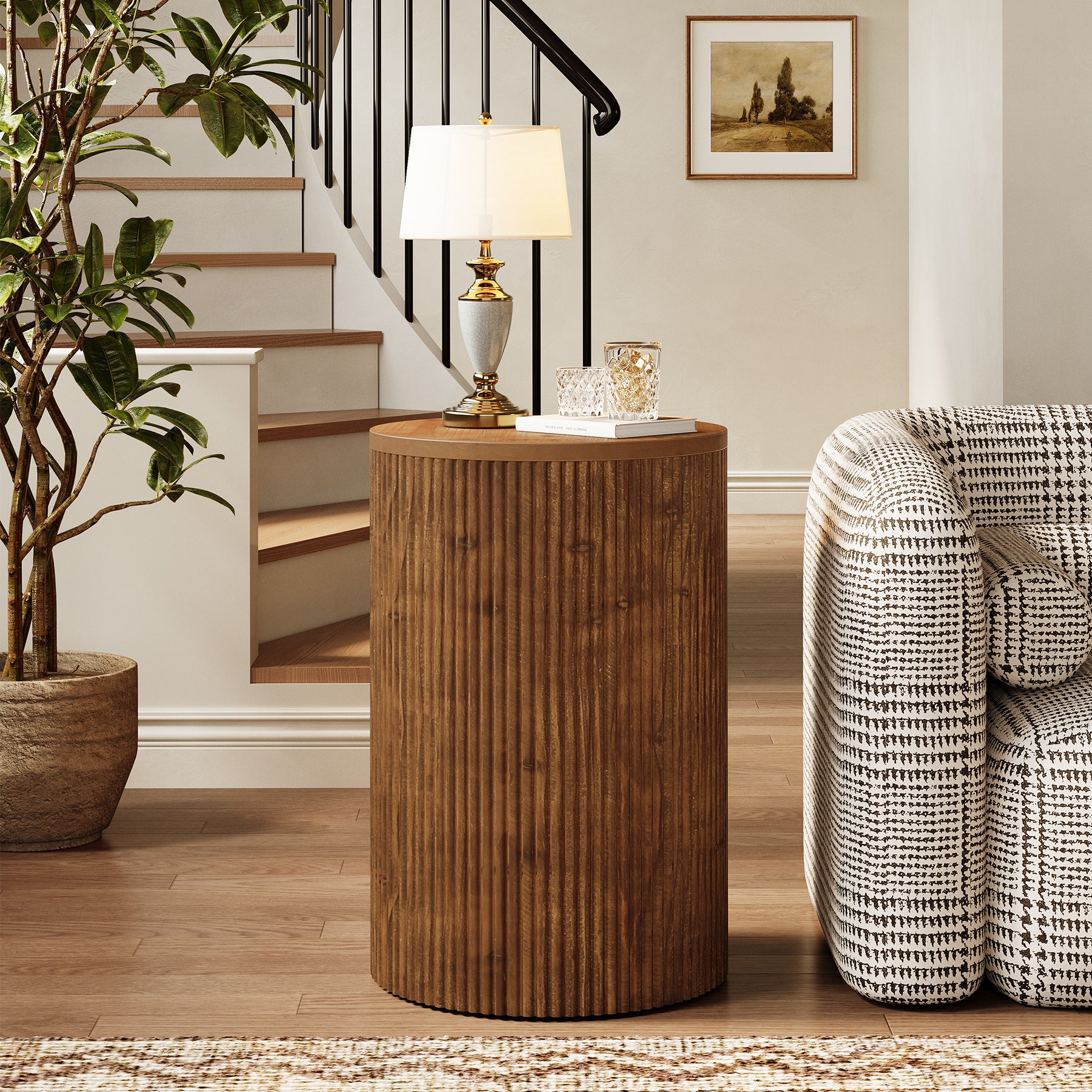 Solid Wood Round Side Table, No-Assembly Fluted End Table with Storage & 4 Wheels