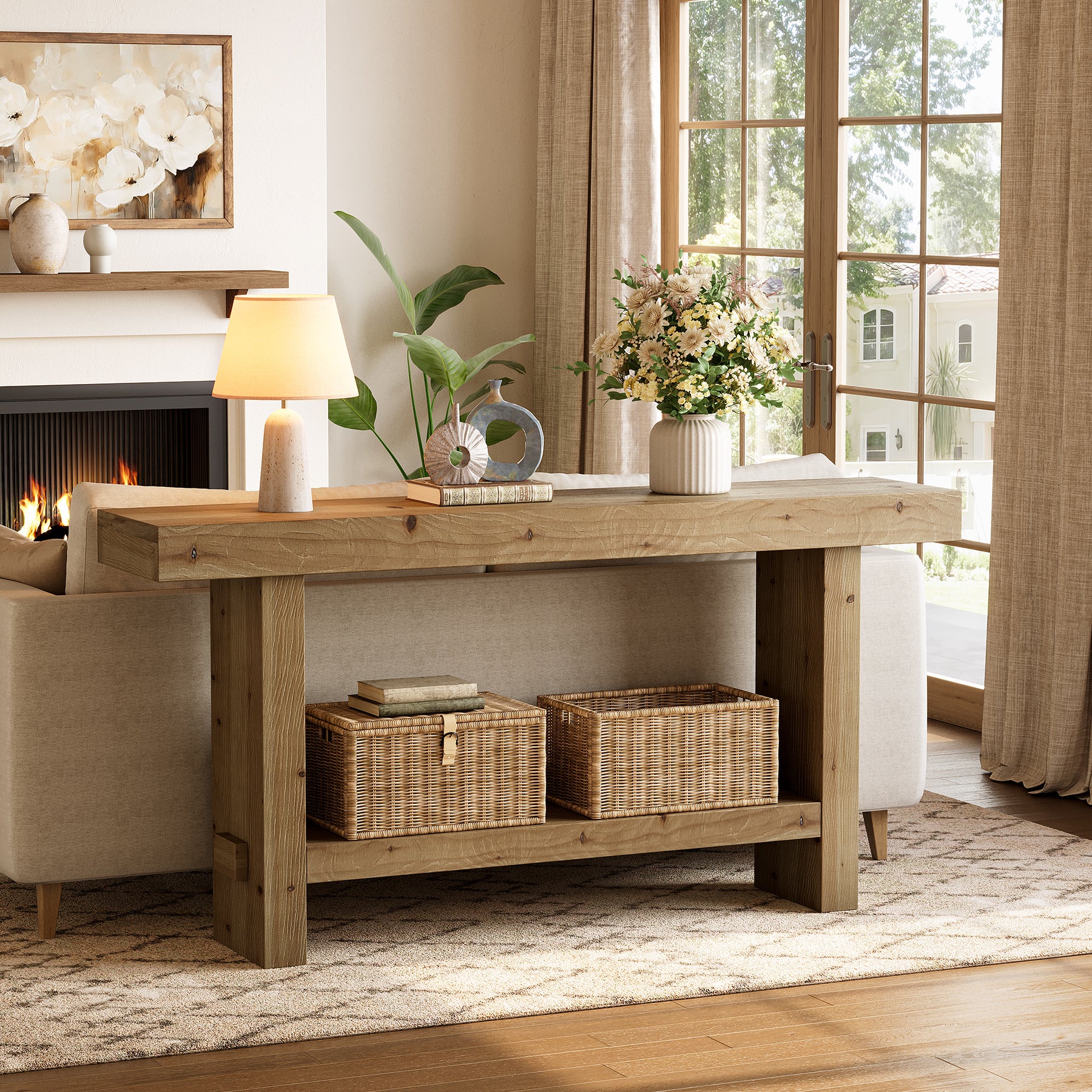 63" Solid Wood Console Table, 2-Tier Narrow Entryway Table for Hallway