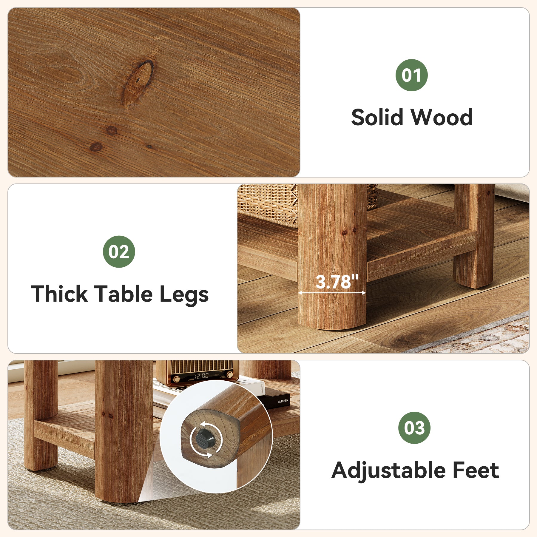 Solid Wood End Table, Rectangle Side Table Nightstand with 2-Tier Shelf