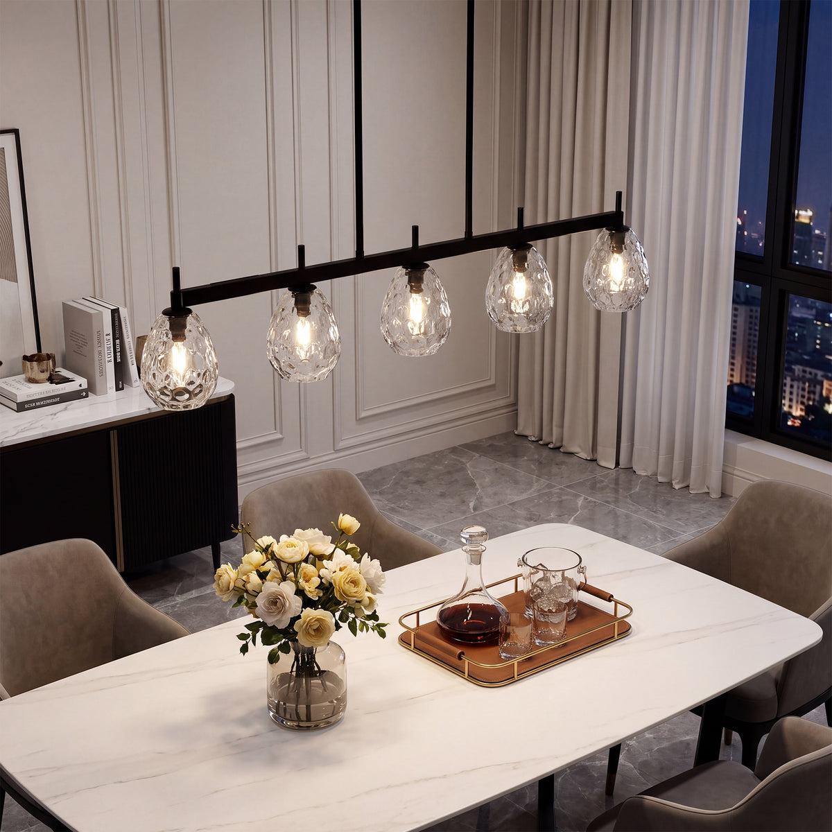 5-Light 41" Black Linear Pendant Light, Kitchen Island Light with Clear Glass Shade