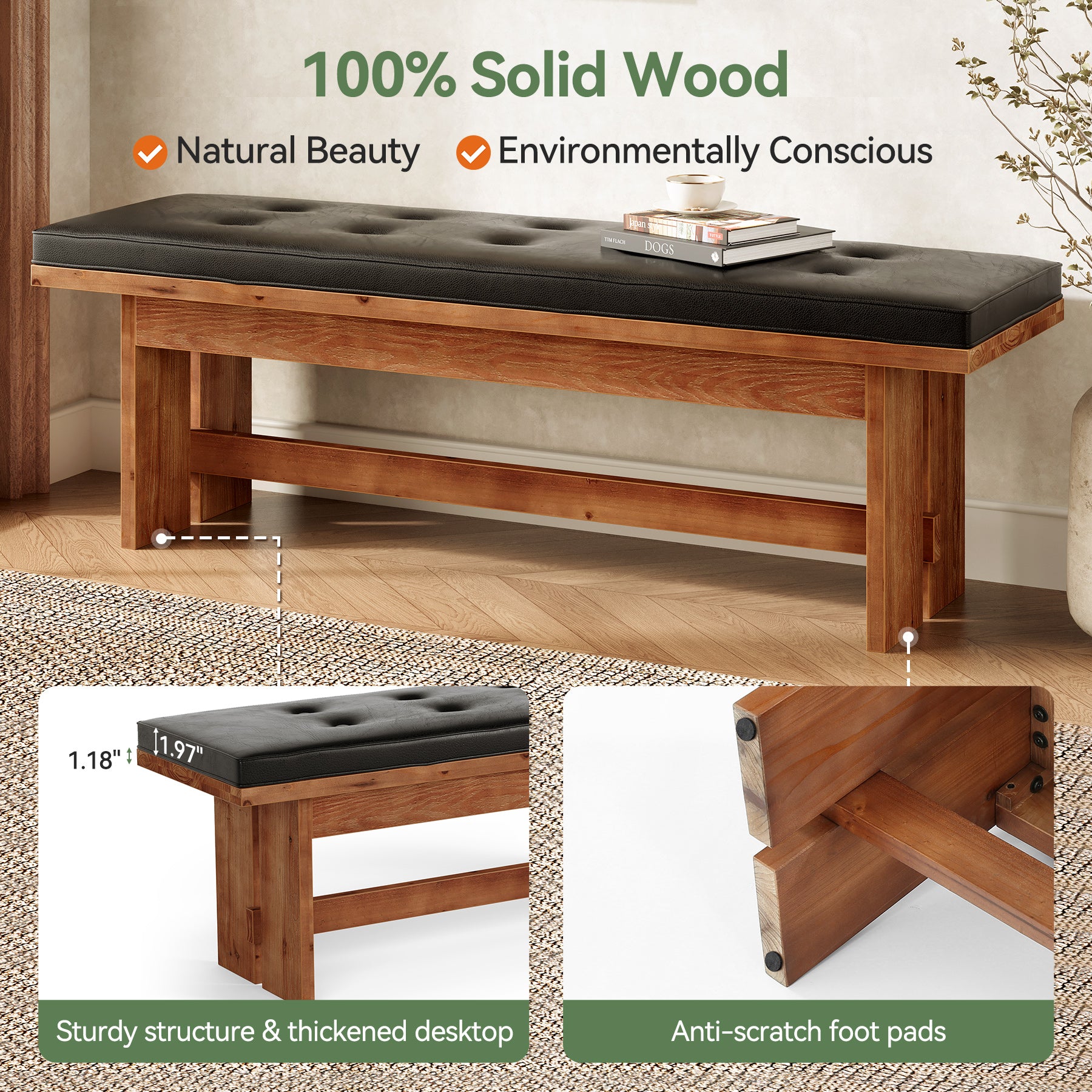 Solid Wood Shoe Bench with Cushion, 55" Upholstered Entryway Bench