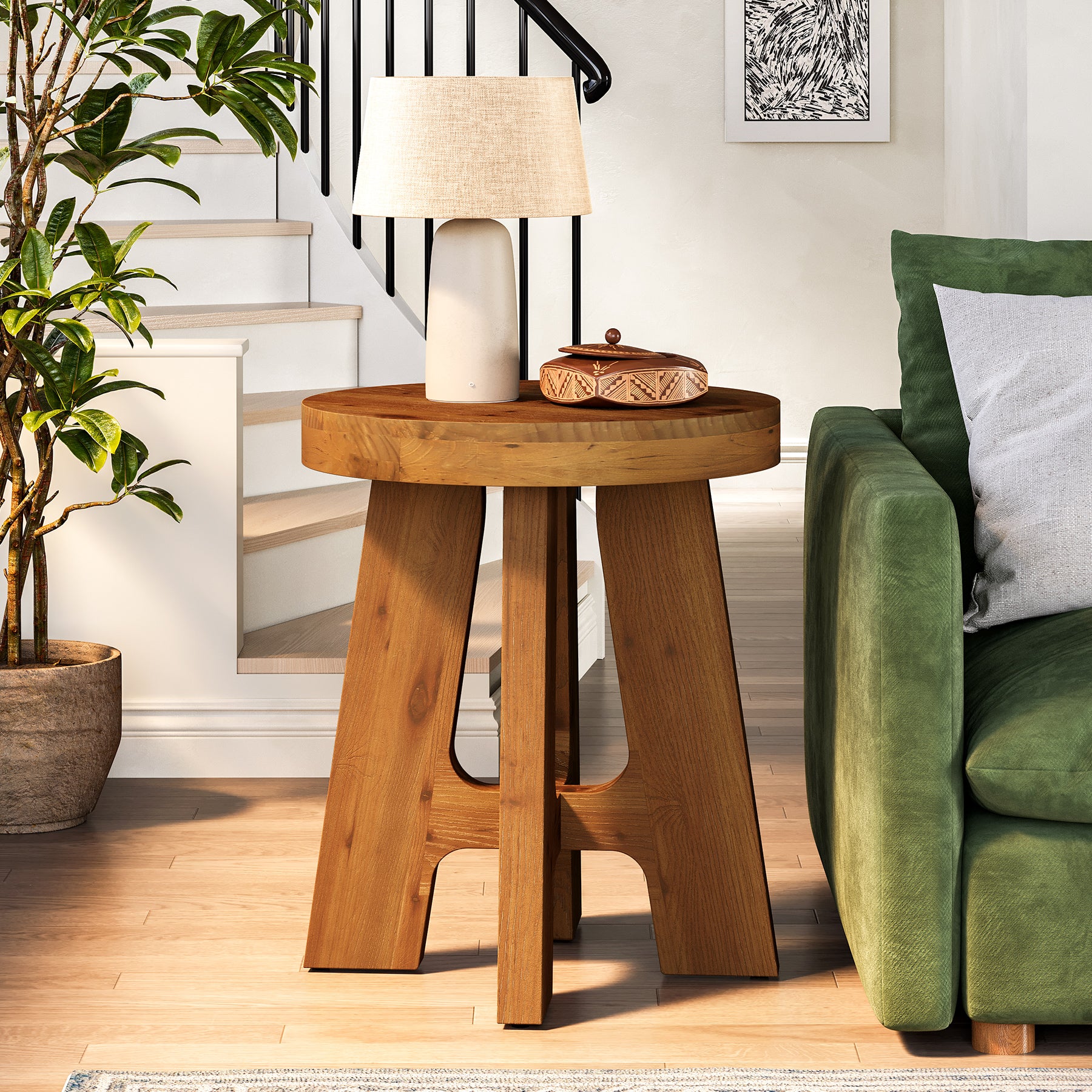Solid Wood End Table, Round Side Table with Heavy-Duty Legs for Couch